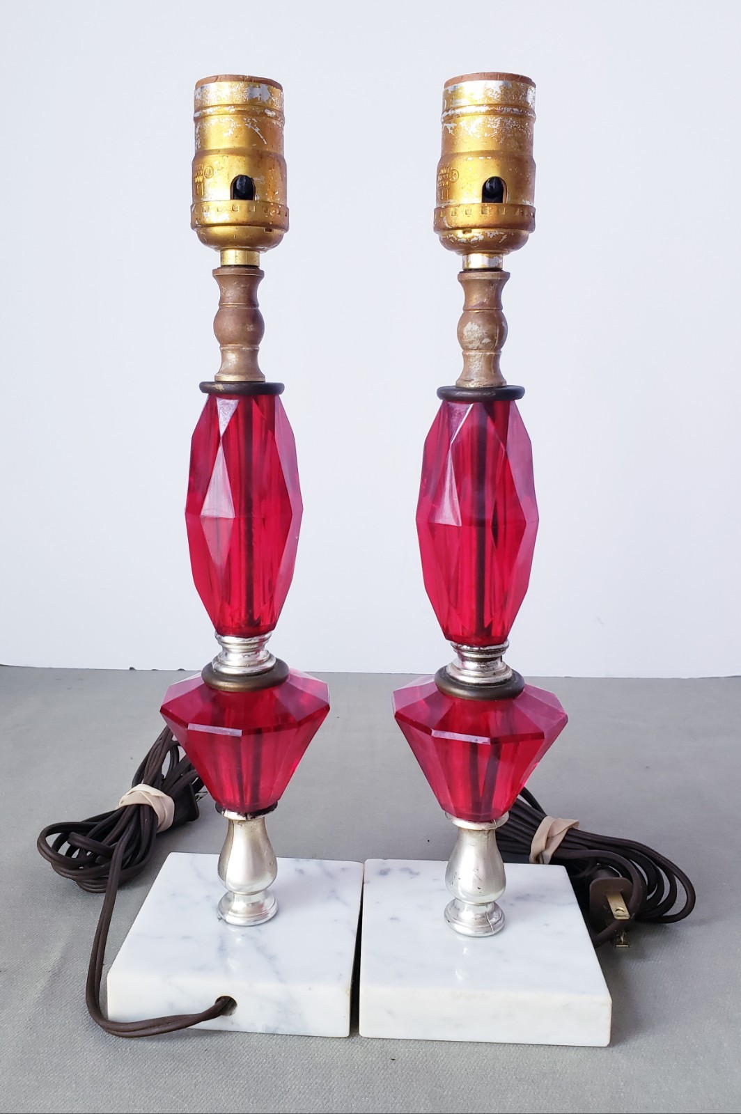 VTG Pair Of 1950’s, 60\'s Red Lucite Acrylic Marble Boudoir/ Bedside Table Lamps