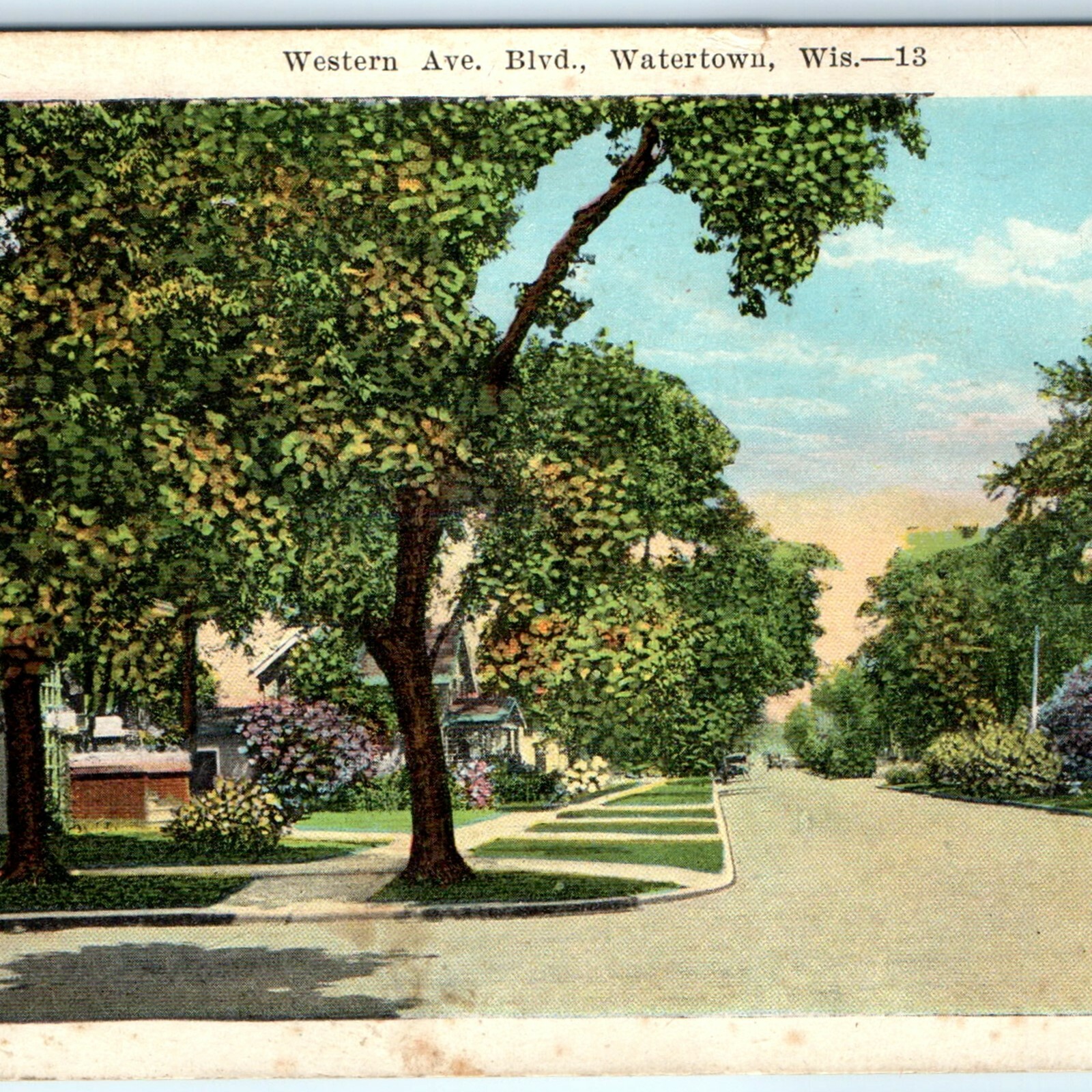 c1920s Watertown, WI Western Ave. Blvd. Residence Street Postcard Kropp