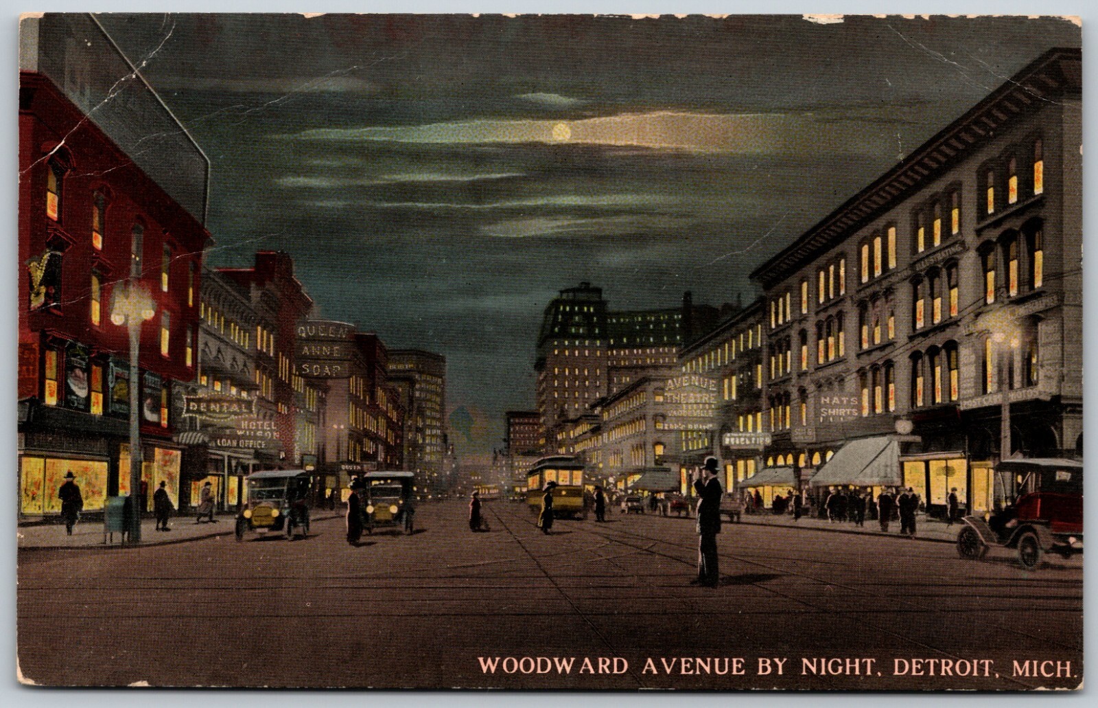 Woodward Avenue by Night Detroit Michigan Street Scene VINTAGE Postcard 8473