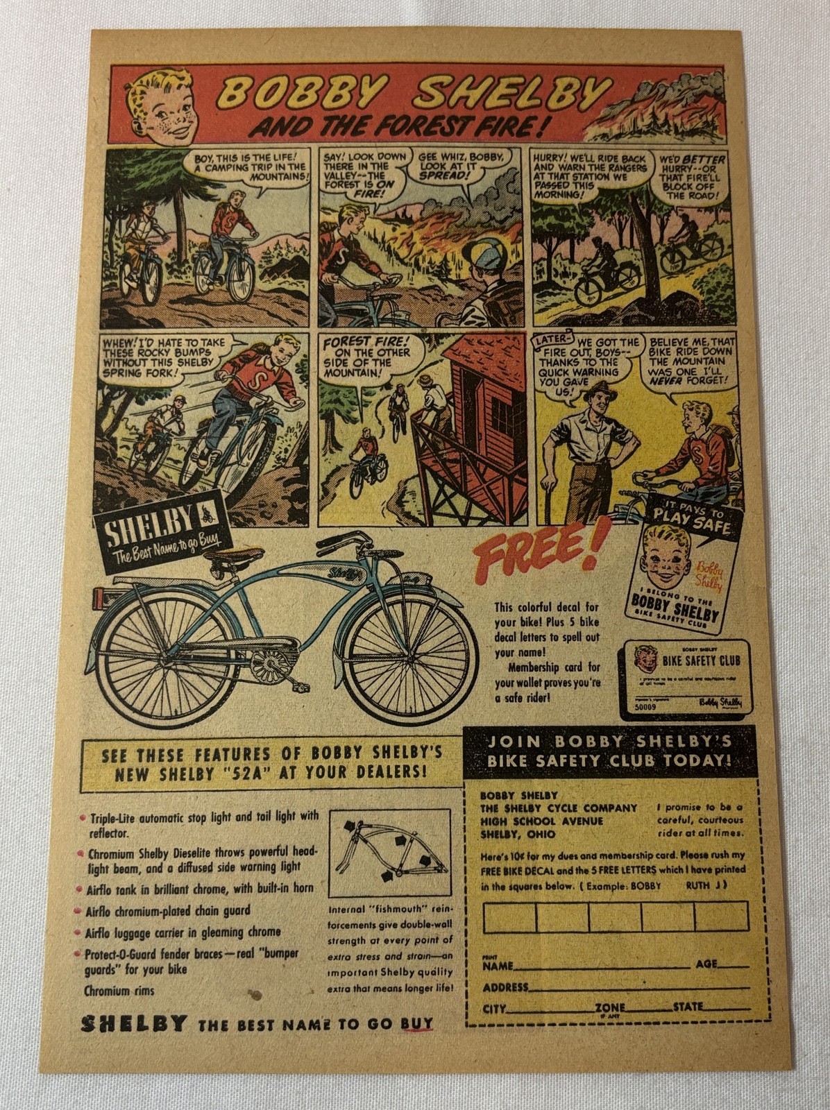 1950 Bobby SHELBY bicycle ad page ~ THE FOREST FIRE