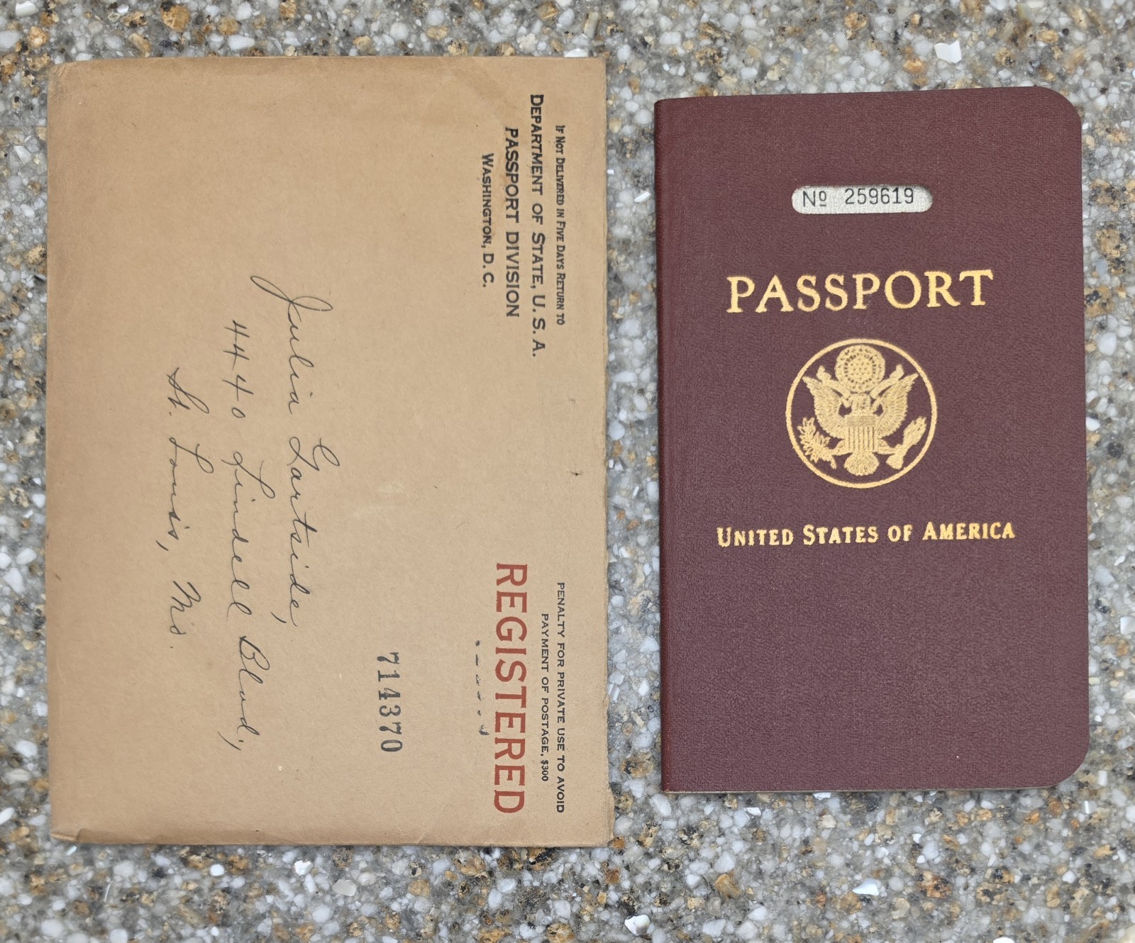 1936 Pre WWII US Passport Photo Visas Stamps St Louis MO Envelope Julia Gartside