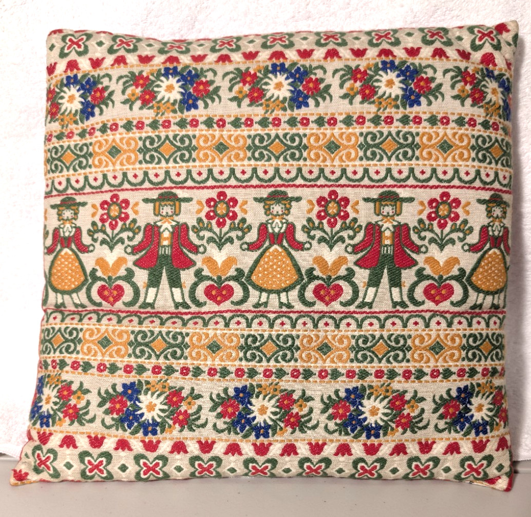 Vtg 1970s Austrian Tyrolean Folk Art Woven Pillow Couple Florals Red White Blue