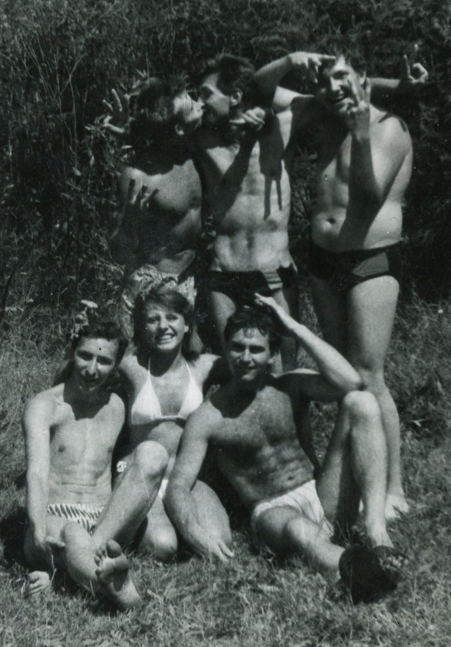 Shirtless affectionate kiss kissing men couple hug love have fun gay vtg photo