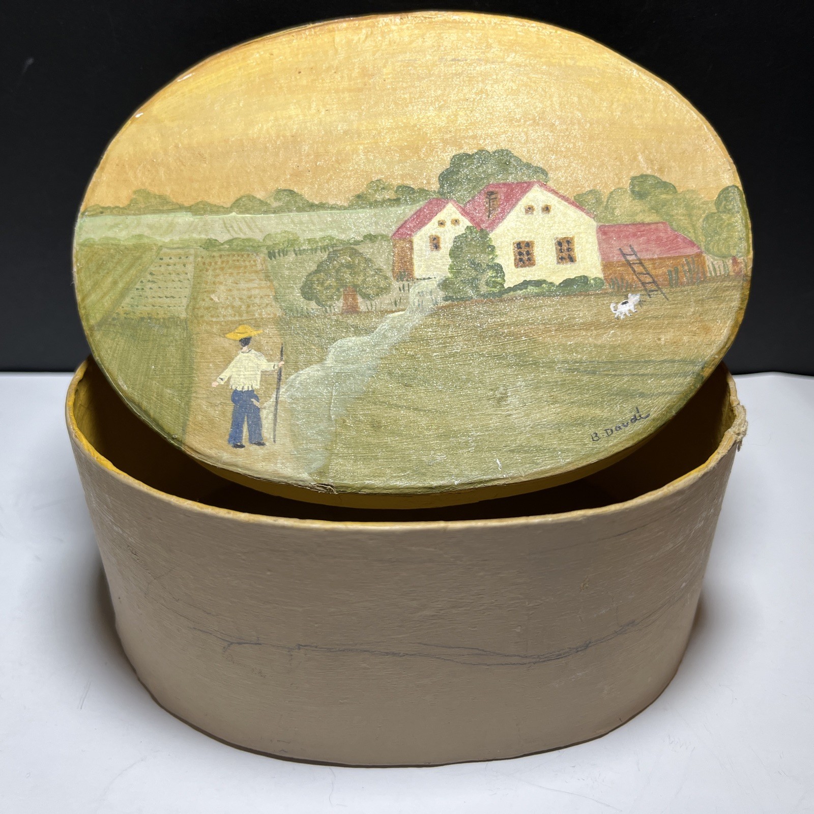 Vintage Paper Mache Oval Box Signed by Artist Brigitte Daval Hand Painted Vintage Paper Mache Oval Box Signed by Artist Brigitte Daval Hand Painted
