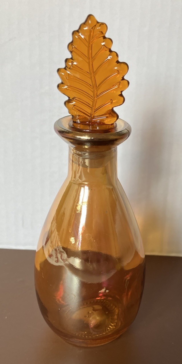 Vintage Amber Iridescent Glass Moon Water/ Vanity Bottle Leaf Shaped Stopper