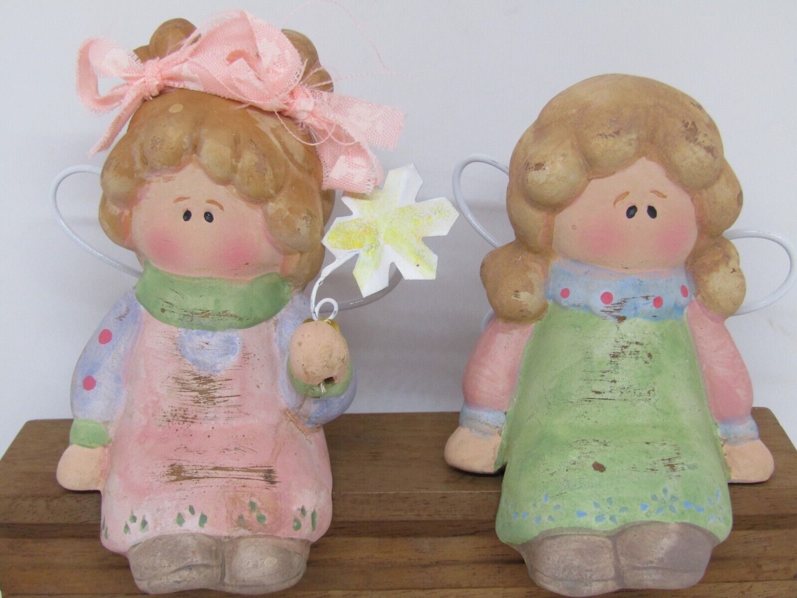 Vintage Hand-Painted Ceramic Shelf-Sitter Angels. Set of 2.