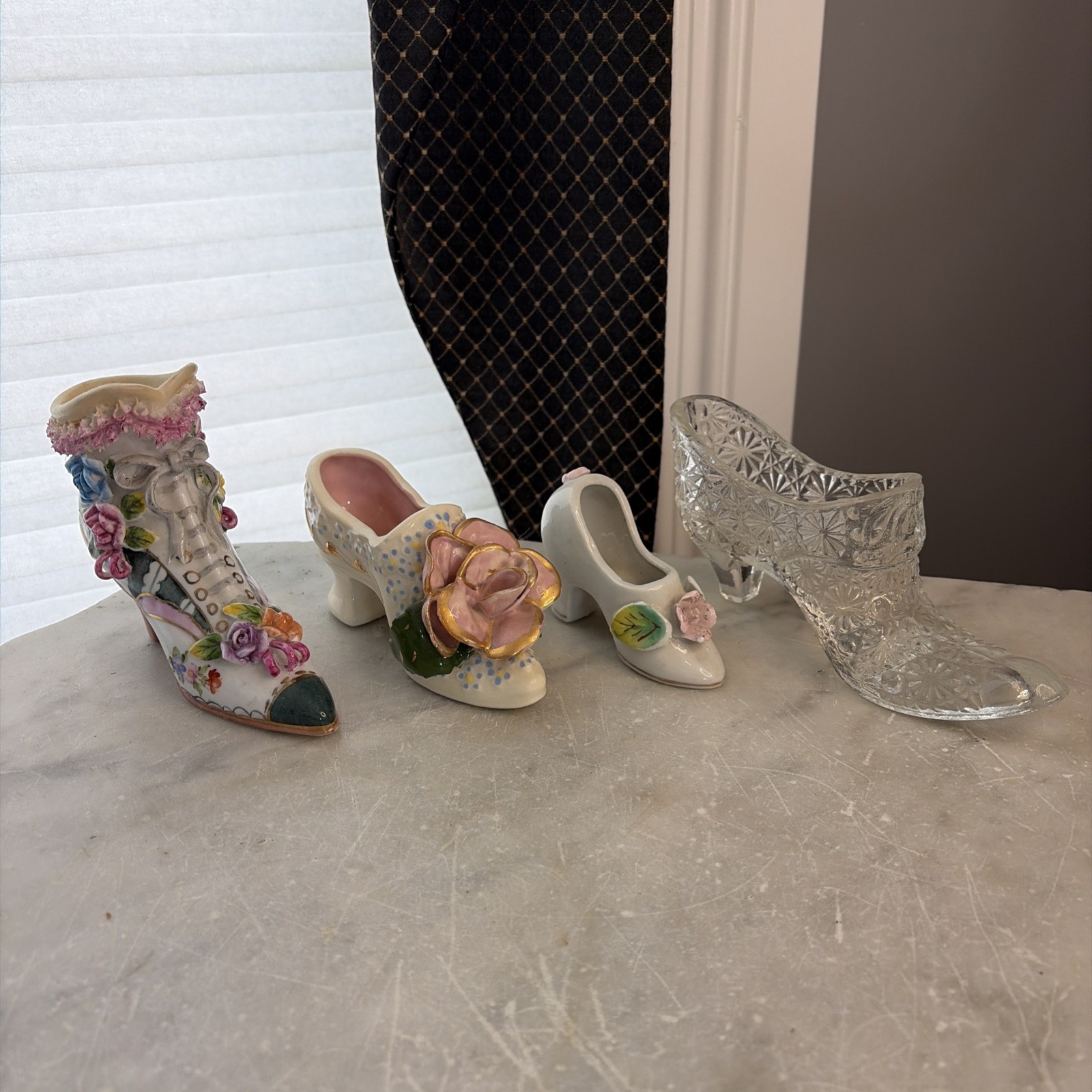 Vintage Decorative Shoe Collection 4pc. Porcelain Floral Shoes & Glass Slipper