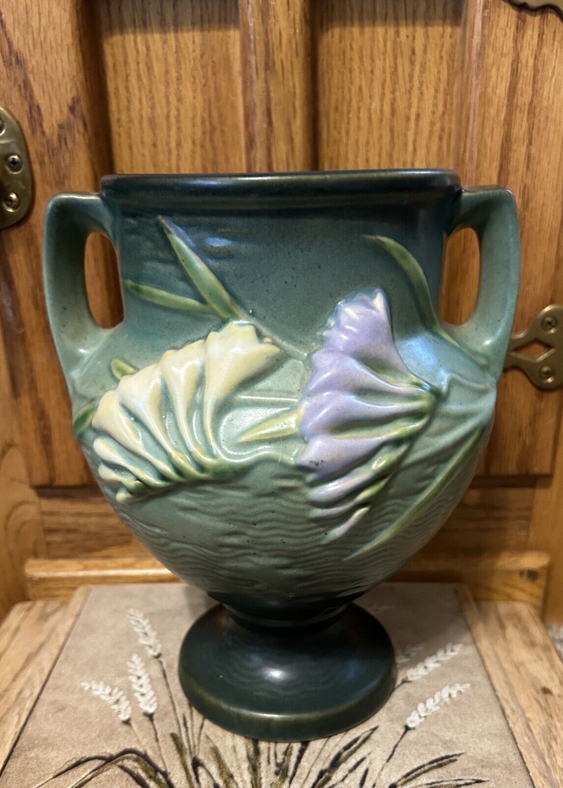 Antique Roseville Vase-2 Handles-8.5”-Green W/Purple/White Freesia-USA-SPRING