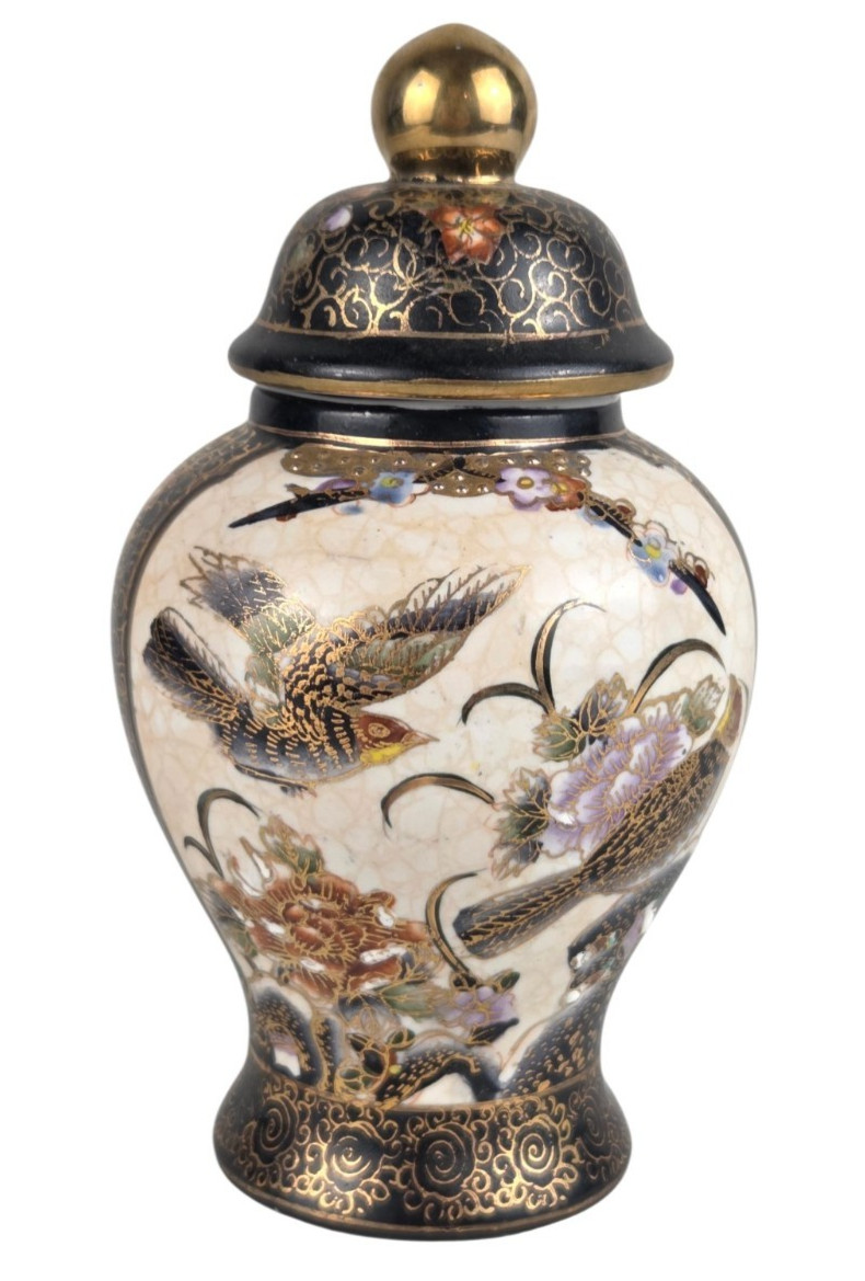 Vintage Hand Painted Satsuma Style Lidded Ginger Jar Birds Flowers Gold 6
