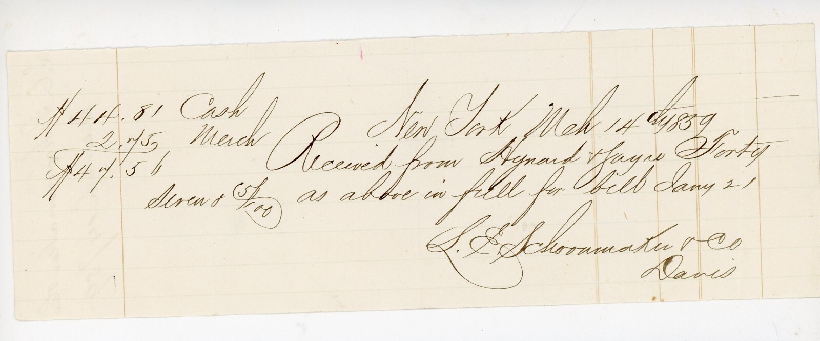 1859 L  E Schoonmaker & Co. Signed Handwritten Receipt New York NY Davis ***