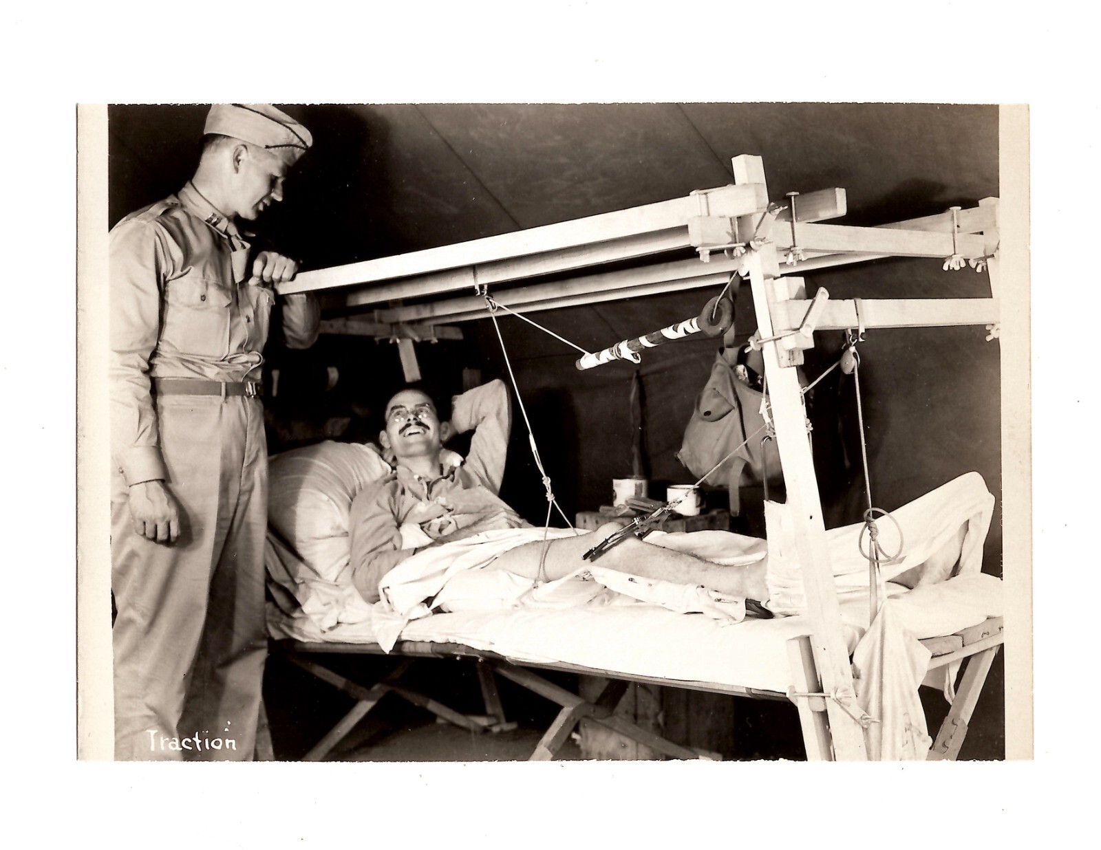 WWII (WW2) Original Photo Soldier in Traction in Field Hospital 1940s (Pls READ)