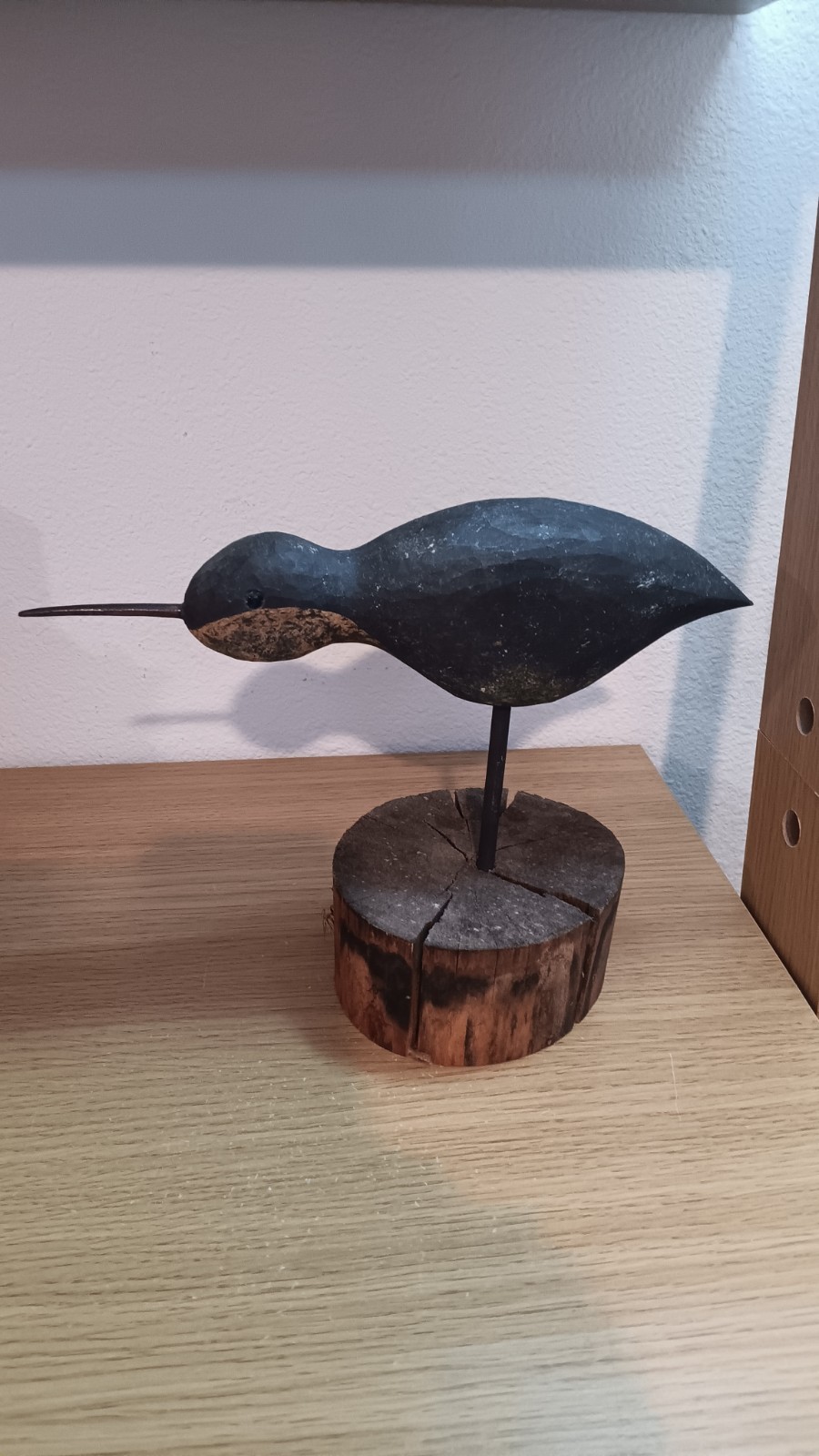 Vintage Handcarved Painted Shoreline Bird On Wood Block Base Flattie Long Beak