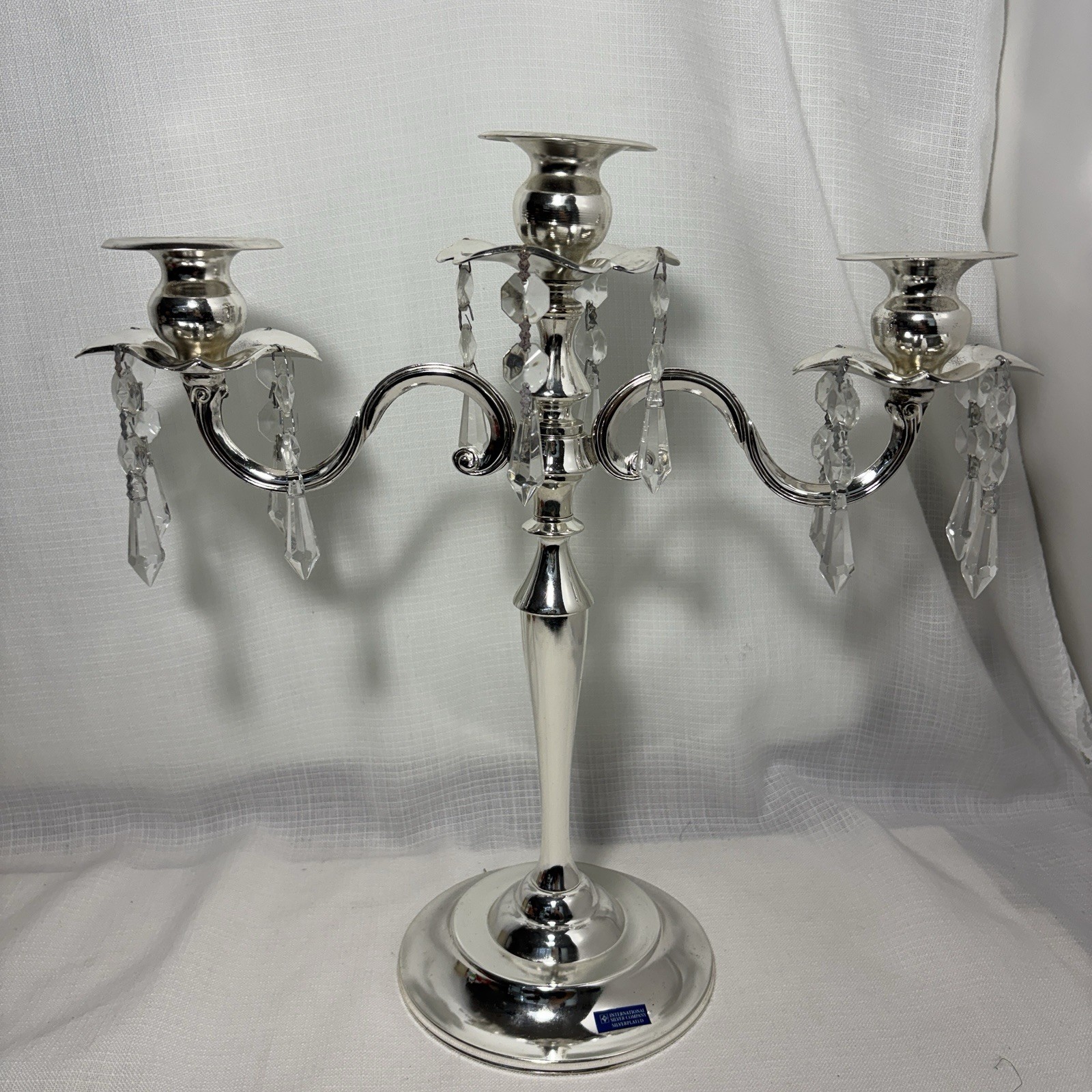Vtg  International Silver Company 3 Arm Candelabra Palace Silver Plated Crystals