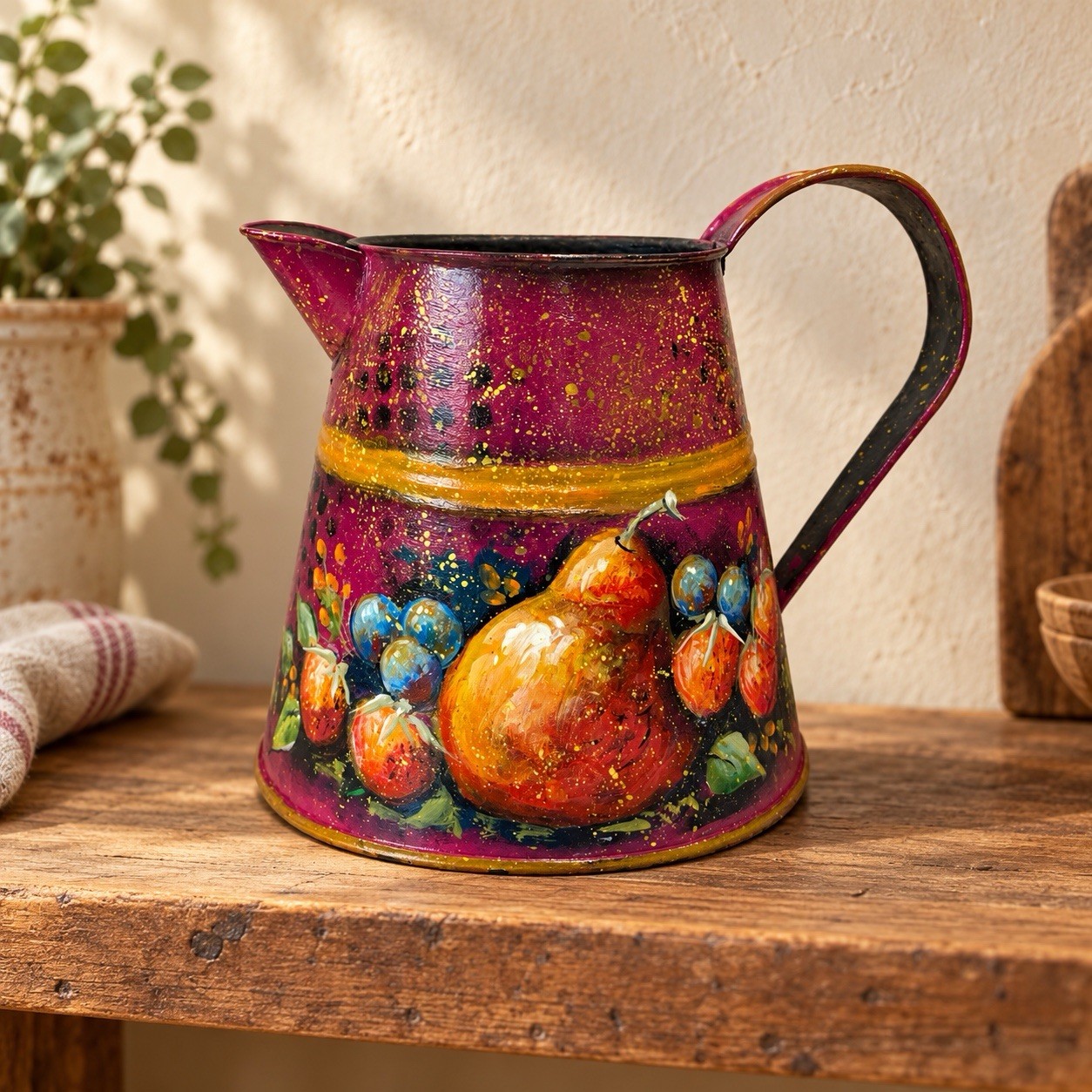 Hand Painted Metal Pitcher Burgundy Pear Strawberry Fruit Folk Art Signed Crys