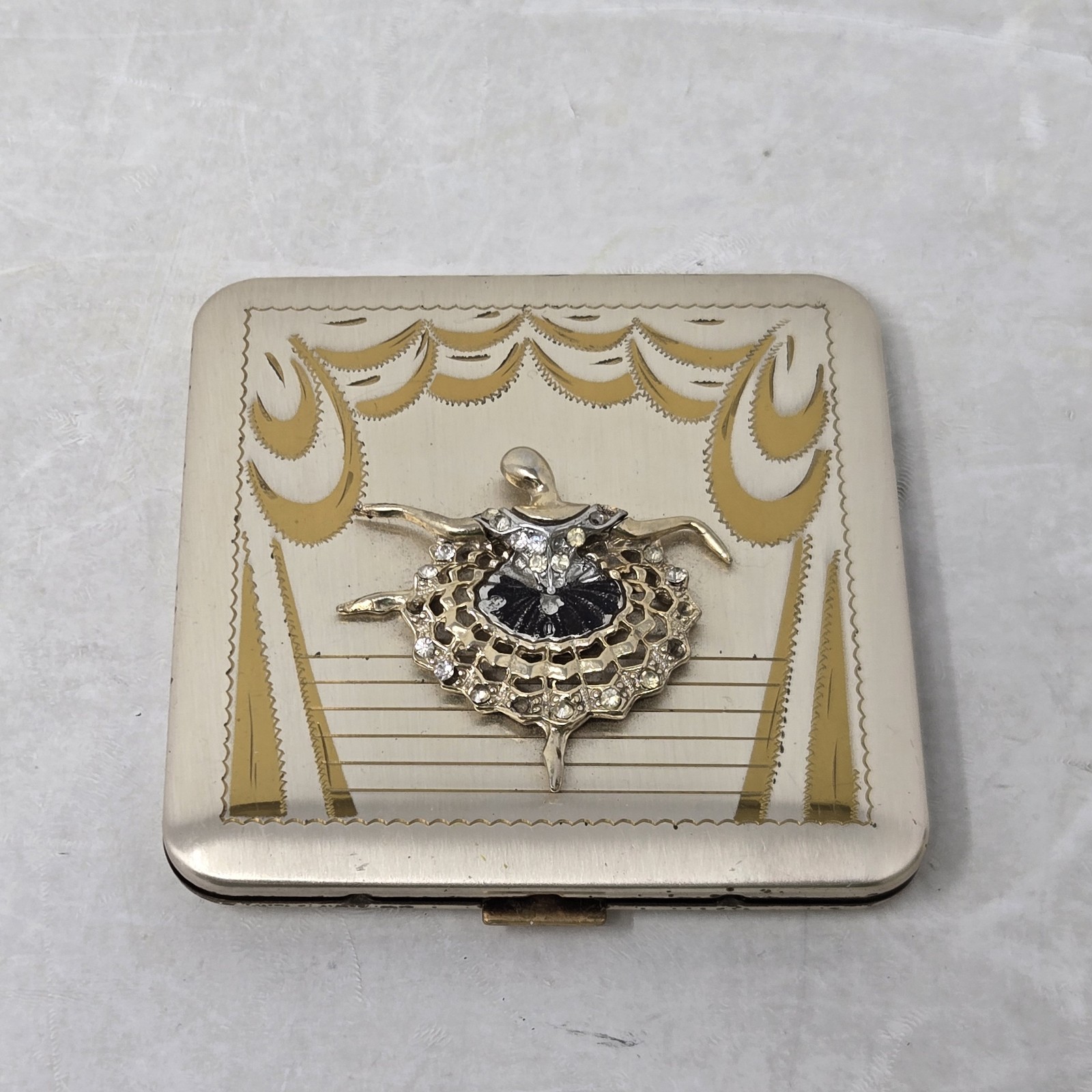 Vintage Dorset Fifth Avenue Ballerina Powder Compact 1950s Gold Tone Rhinestone