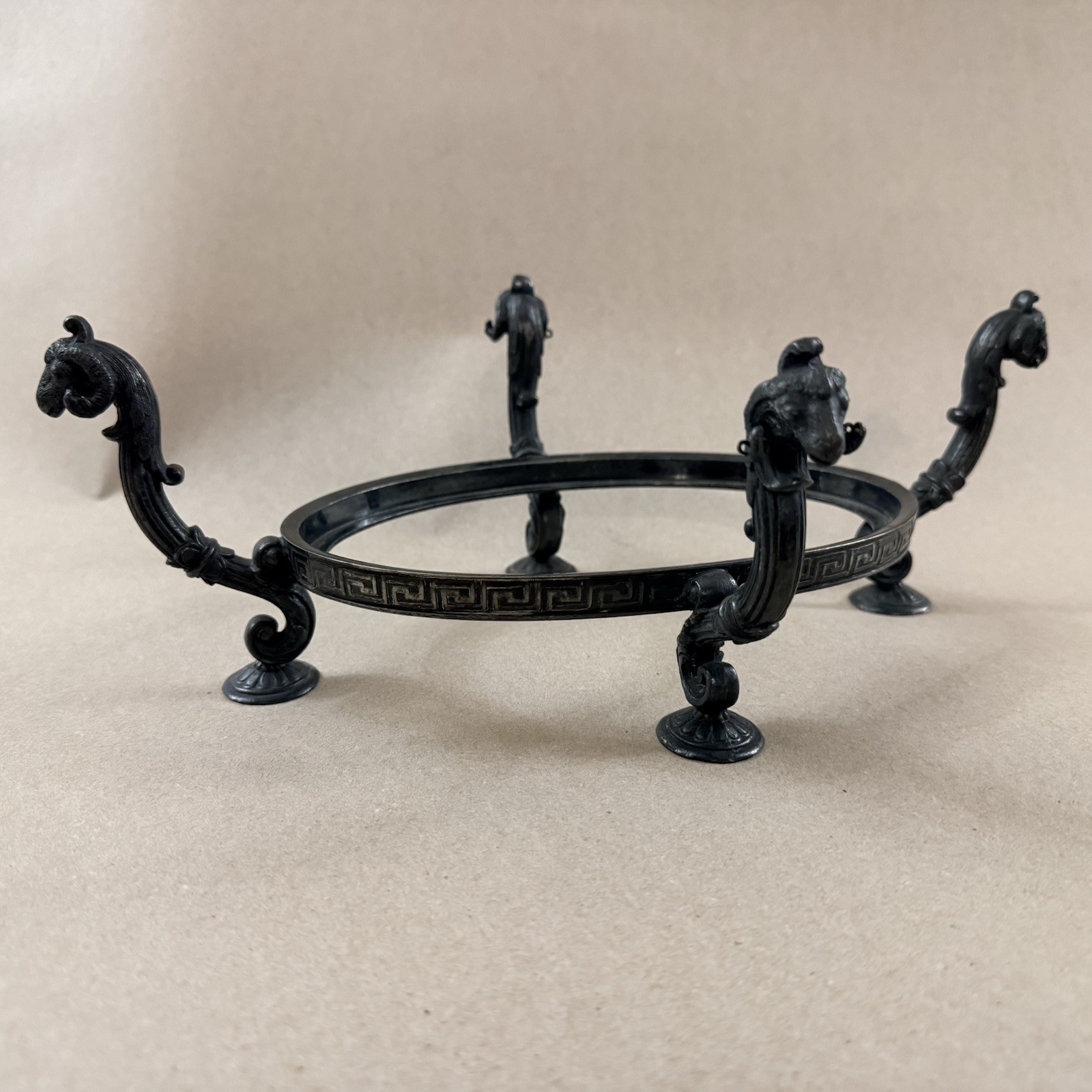 Antique Neoclassical Bronze Ram Head Centerpiece Stand Greek Key Tazza Base Oval
