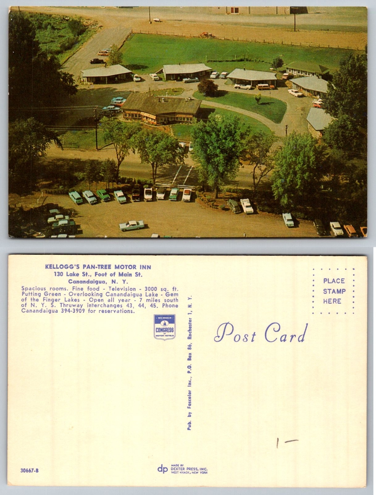 Kellogg\'s Pan-Tree Motor Inn Canandaigua New York Aerial View Postcard
