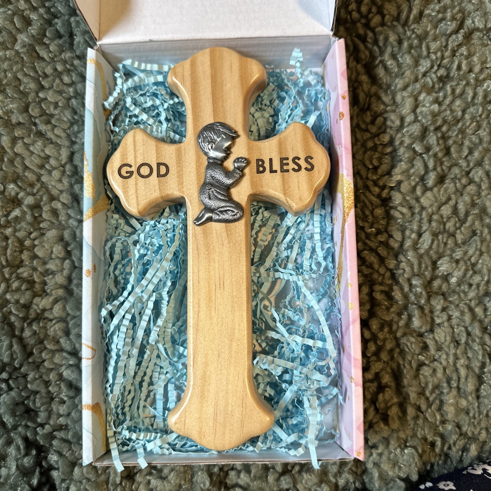 Baby/Boy Wooden Cross Featuring Prayerful Boy With Blessing W Gift Box New Boxed