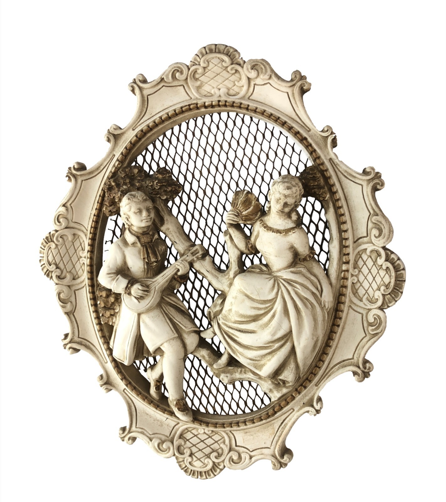 3D Chalkware Courting Couple Oval Wall Plaque 16 x 14\