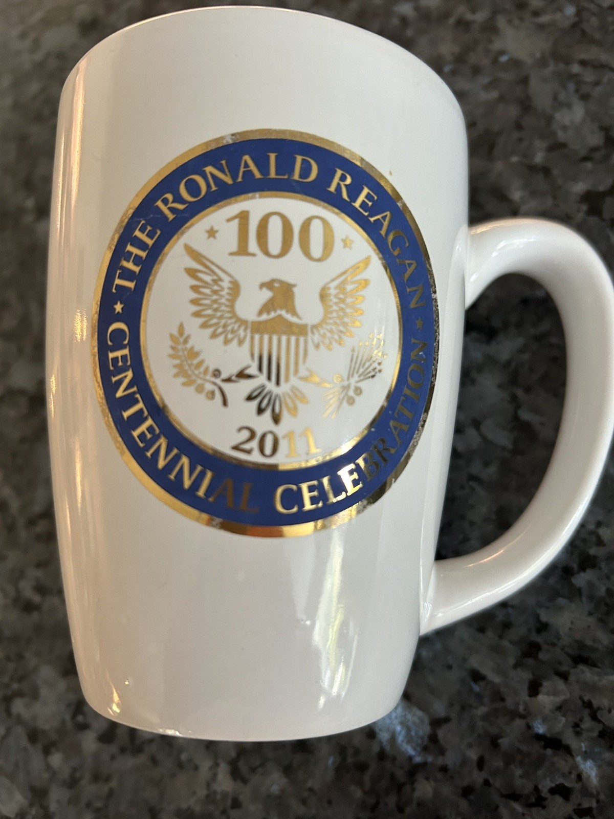Ronald Reagan Presidential Library Coffee Mug M-Ware White Gold Blue Signature