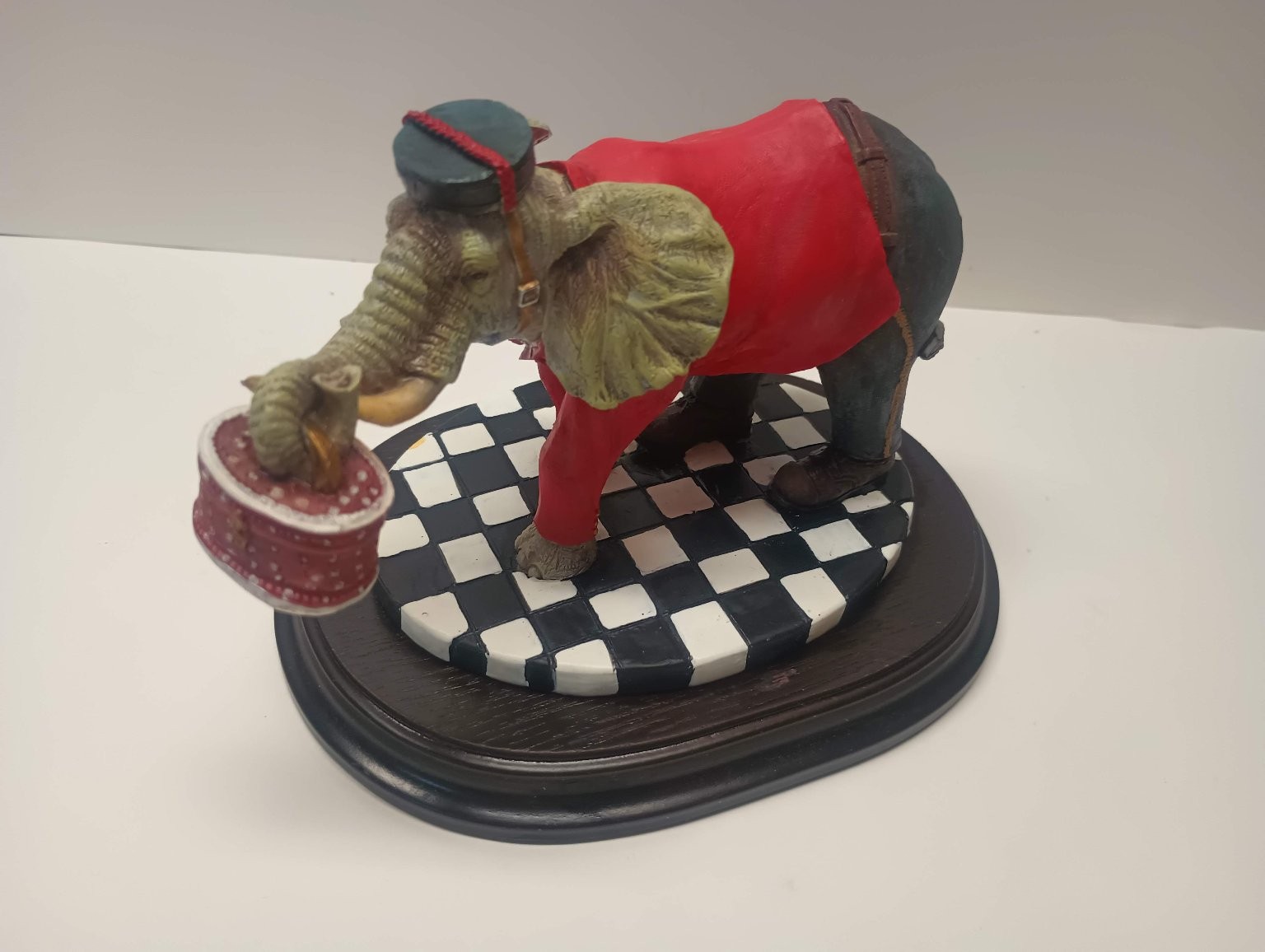 Circus Elephant Figurine Dressed Resin Statue Wood Base Collectible