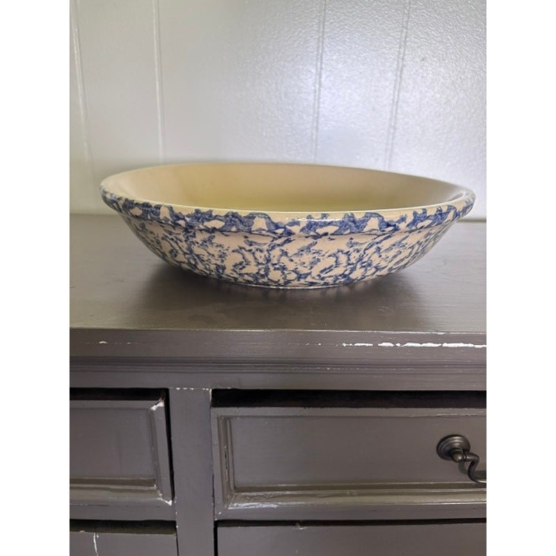 Vintage RRP Co Roseville Ohio 12” Blue Spongeware Pasta Bowl Robinson Ransbottom