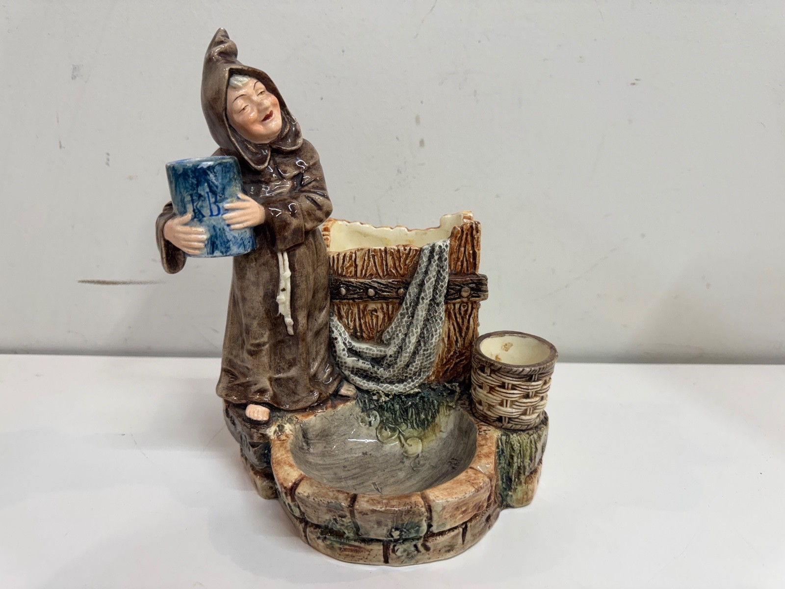 Antique Austrian Majolica Cigar set Figural Smiling Monk / Friar Holding Stein