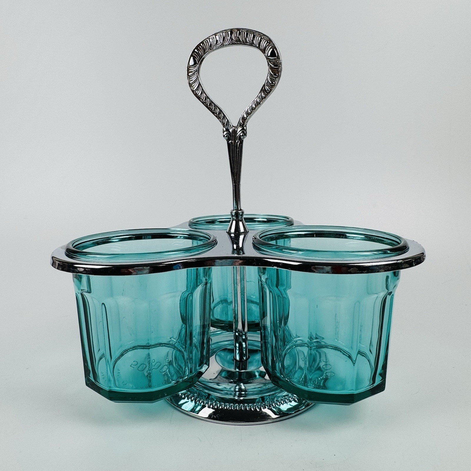 Vintage Irvinware 3 Jar Condiment Caddy Aqua Glass Made in France