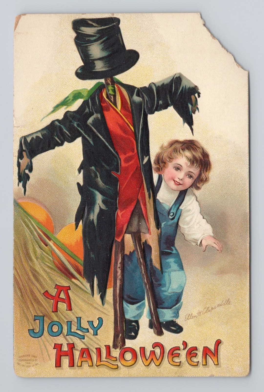 Antique Ellen Clapsaddle Halloween Postcard 1909 Child and Scarecrow Damaged Antique Ellen Clapsaddle Halloween Postcard 1909 Child and Scarecrow Damaged