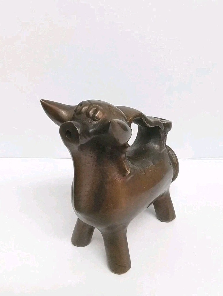 Vtg Bronze Brutalist Bull Incense Burner Figurine Heavy