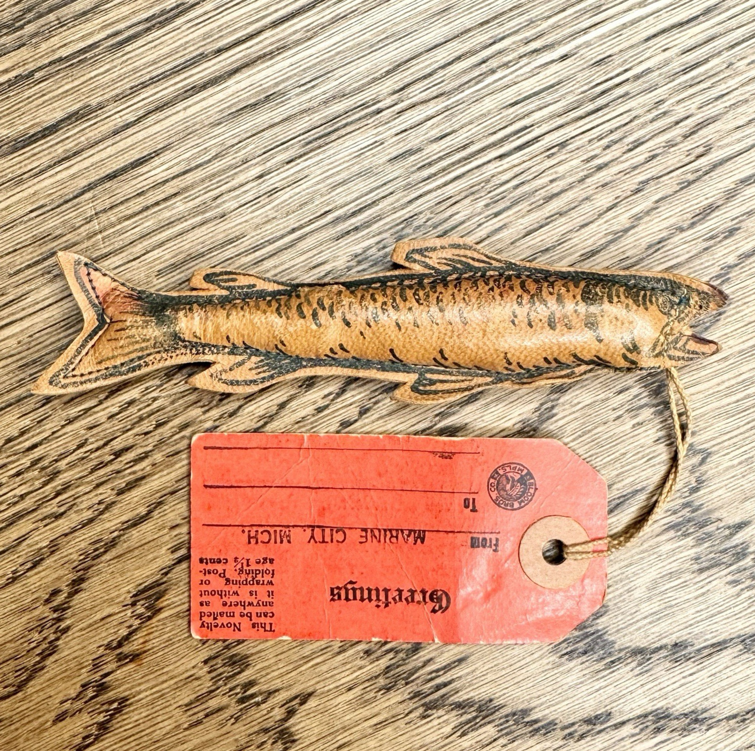 Antique Brown Leather Fish 1 1/2 Cent Postcard Marine City MI Folk Art Postage