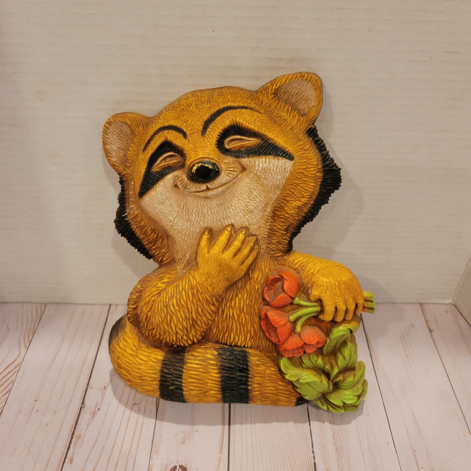 Homco Vintage 1970 MCM Raccoon Flower Wall Hanging Decor USA Homco Vintage 1970 MCM Raccoon Flower Wall Hanging Decor USA
