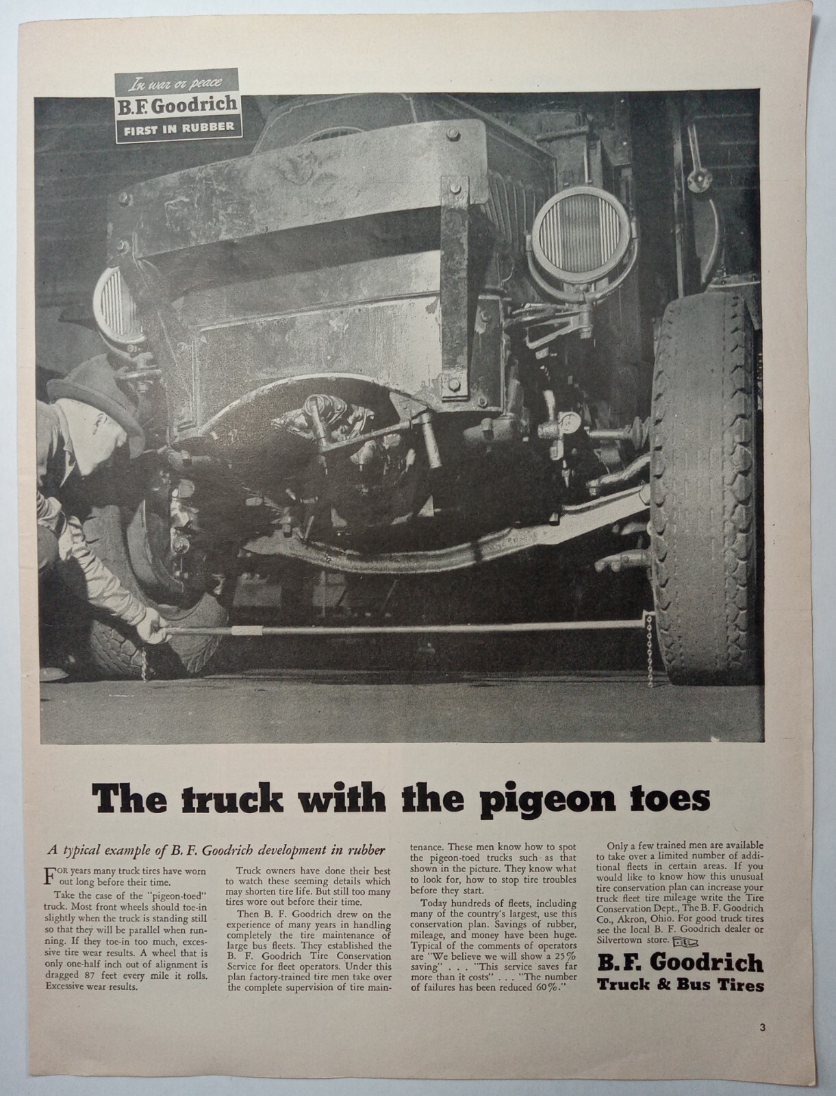 WWII BF Goodrich Truck Bus Tires Pigeon Toes 1944 B&W Vintage Print Ad