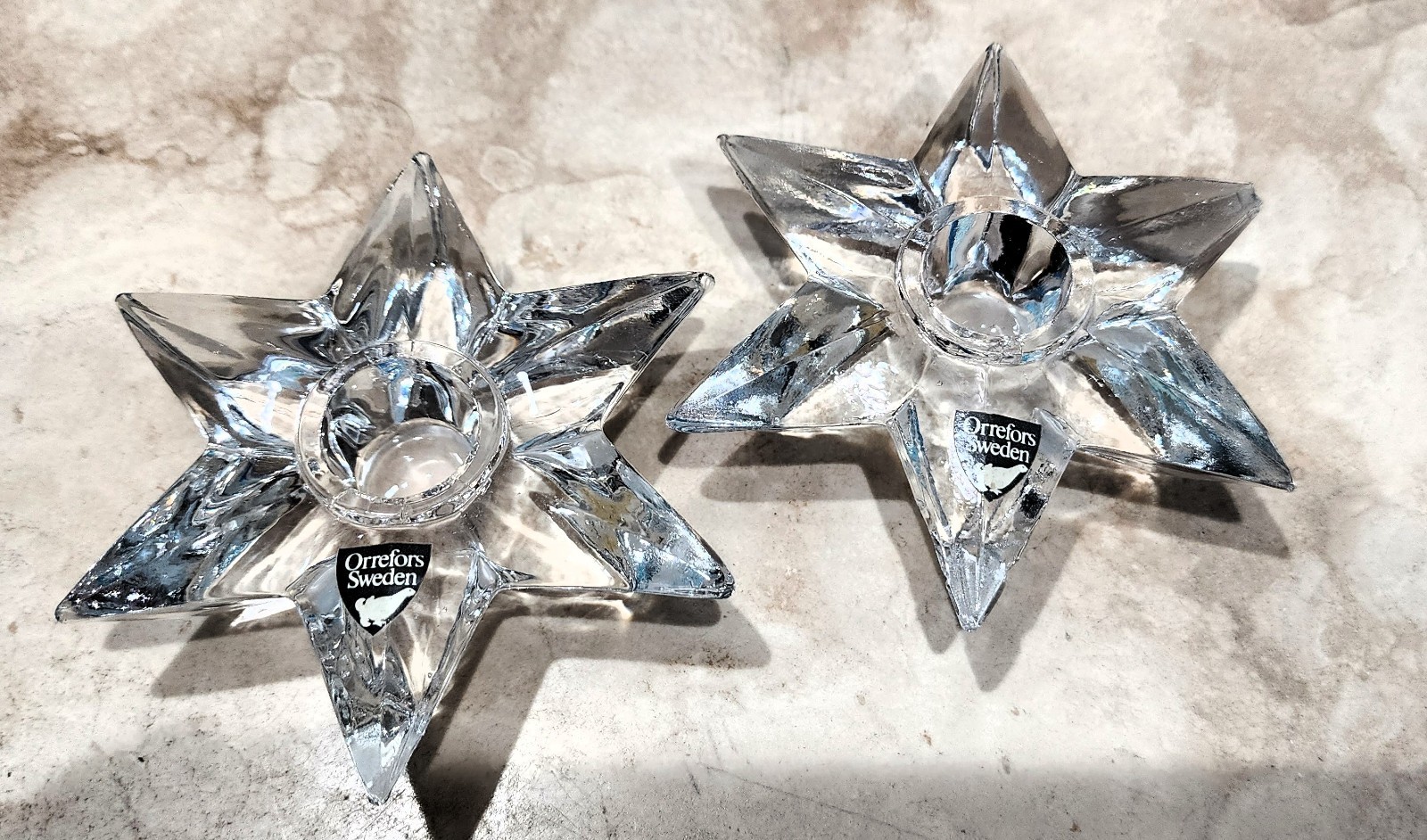 Vintage Orrefors Crystal 6 Point Star Candle Holder Pair Taper Candlestick Rare Vintage Orrefors Crystal 6 Point Star Candle Holder Pair Taper Candlestick Rare
