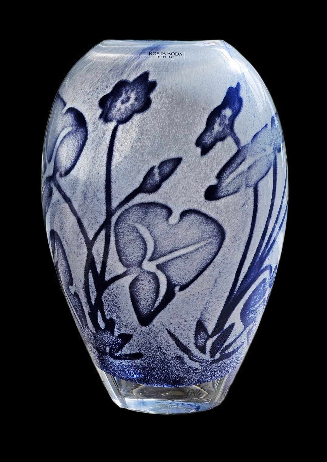 Kosta Boda Floating Flowers Vase, Olle Brozen, Sweden, Signed and w/ Label, Blue