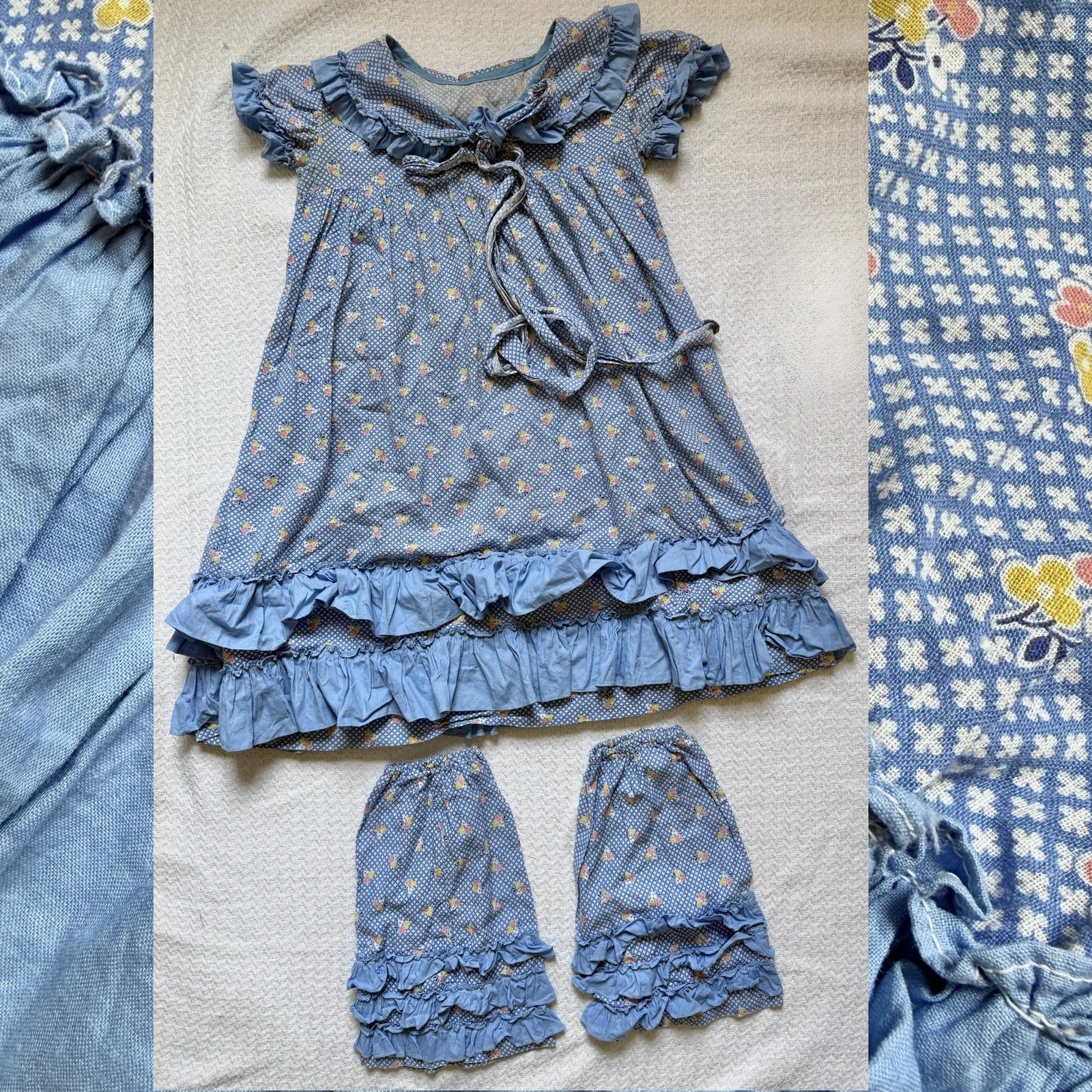 VTG 70s Blue Calico Prairie Dress & Pantaloons Set Girls Holly Hobbie Ruffle 2pc VTG 70s Blue Calico Prairie Dress & Pantaloons Set Girls Holly Hobbie Ruffle 2pc