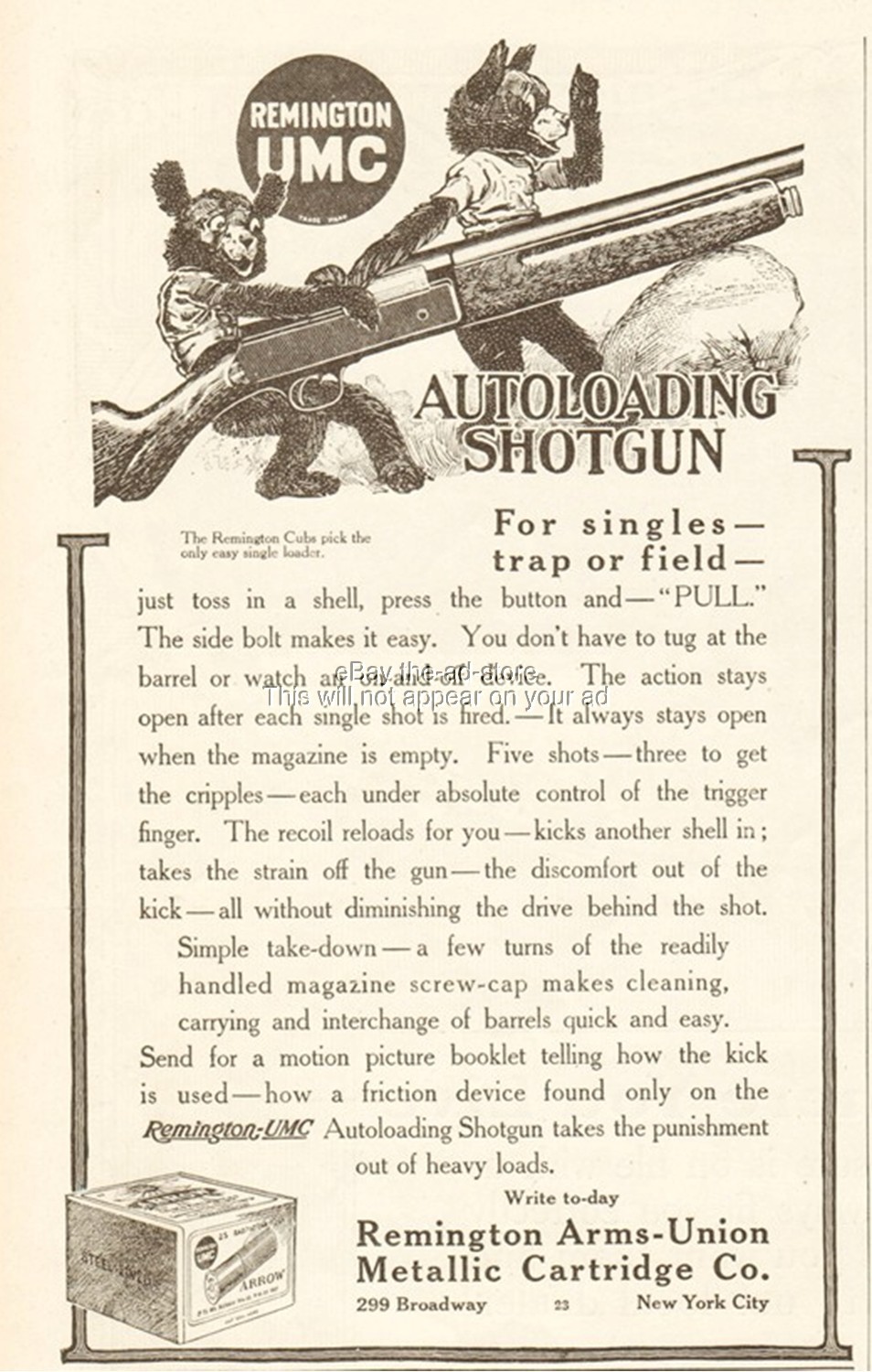 1912 Remington Ad Cubs UMC Autoloading Shotgun Arrow Shell Box Singles Trap