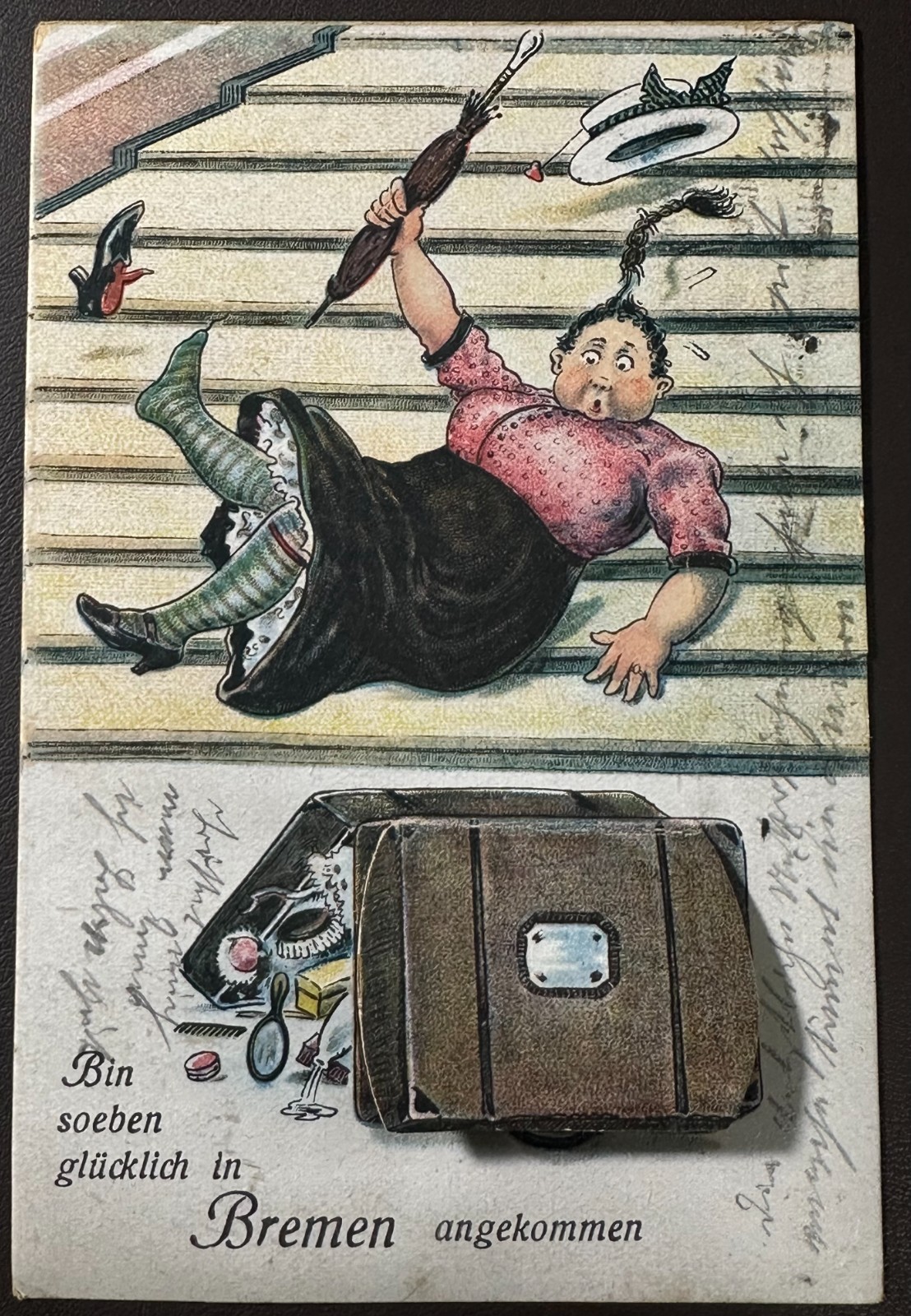 Vintage 1926 Postcard Germany Comic Woman Falls With Fold Out City Views Vintage 1926 Postcard Germany Comic Woman Falls With Fold Out City Views