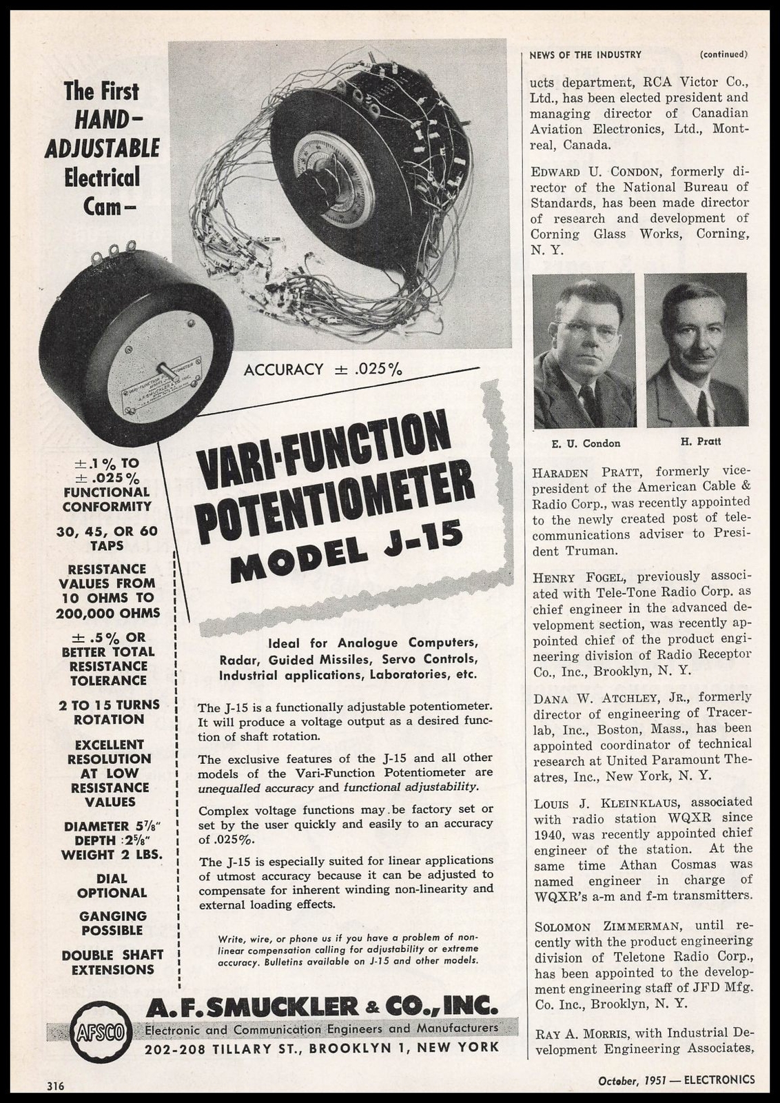 1951 A. F. Smuckler Brooklyn New York J-15 Vari-Function Potentiometers Print Ad
