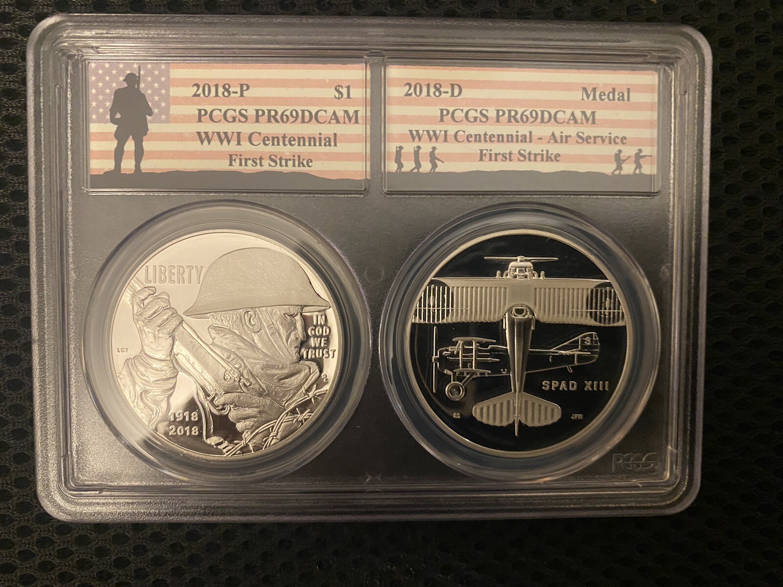 2018 WW 1 CENTENNIAL FS PCGS PR69DCAM AND AIR SERVICE MEDAL PR69DCAM Dual Slab