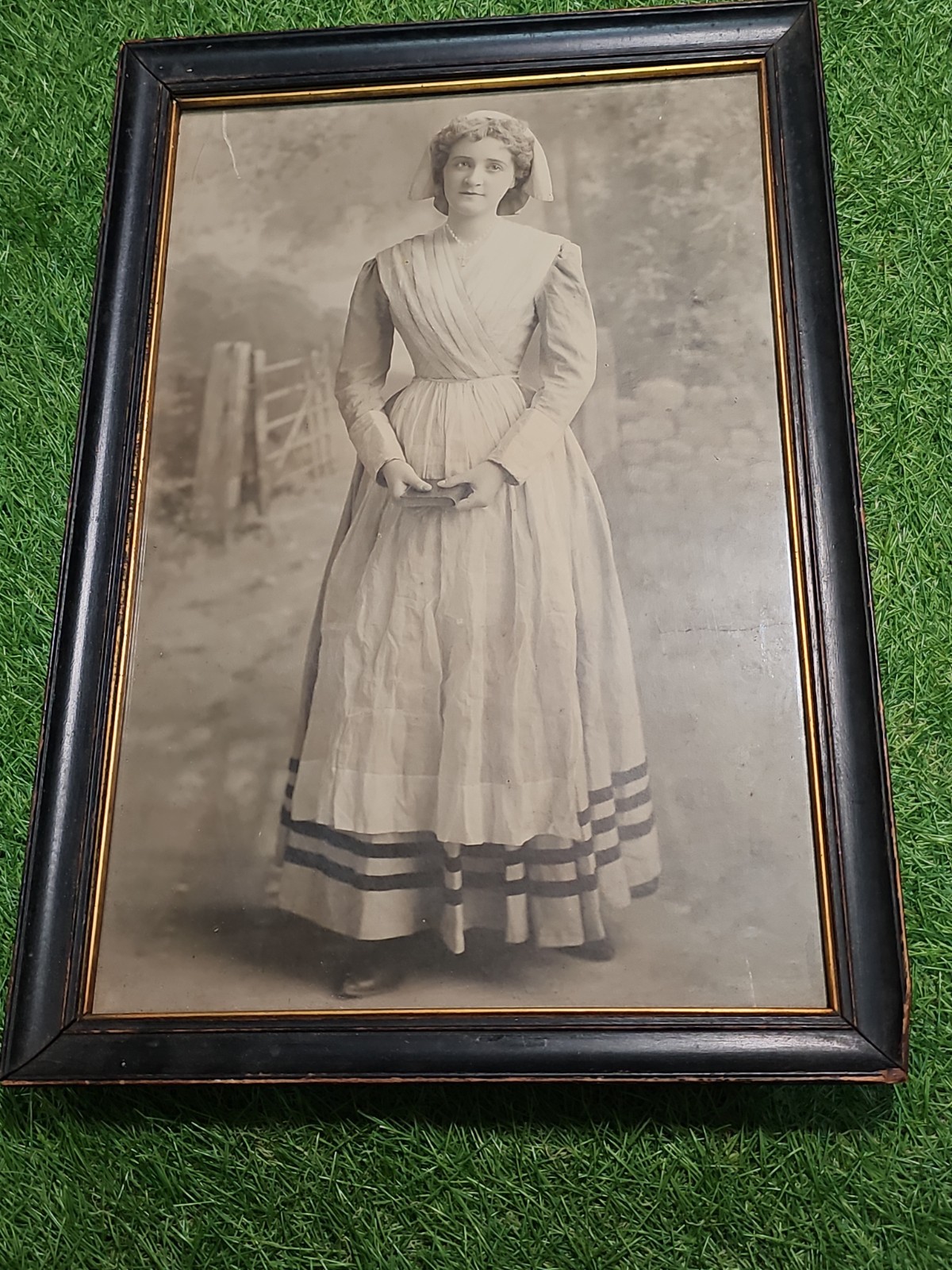 Antique Framed Portrait Photograph Young Woman in Traditional Dress Folk Costume