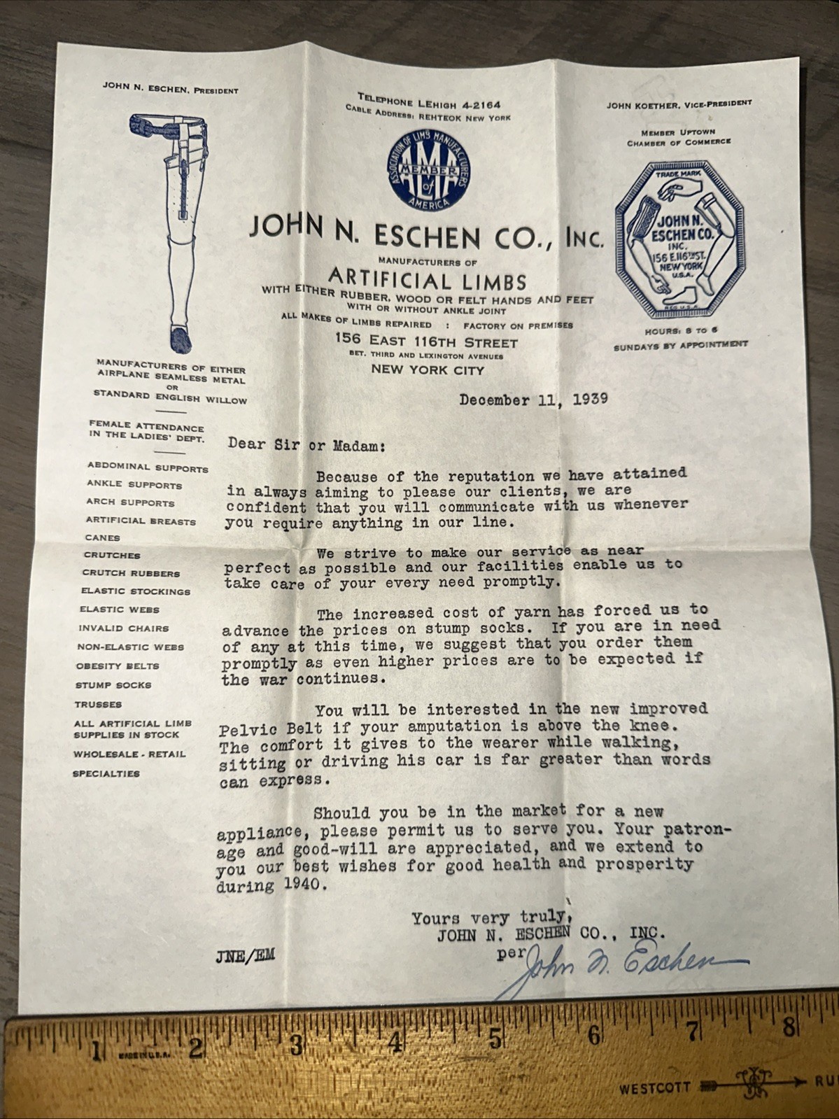 Antique Billhead John N. Eschen Mfg. Artificial Limbs 1939 New York City.