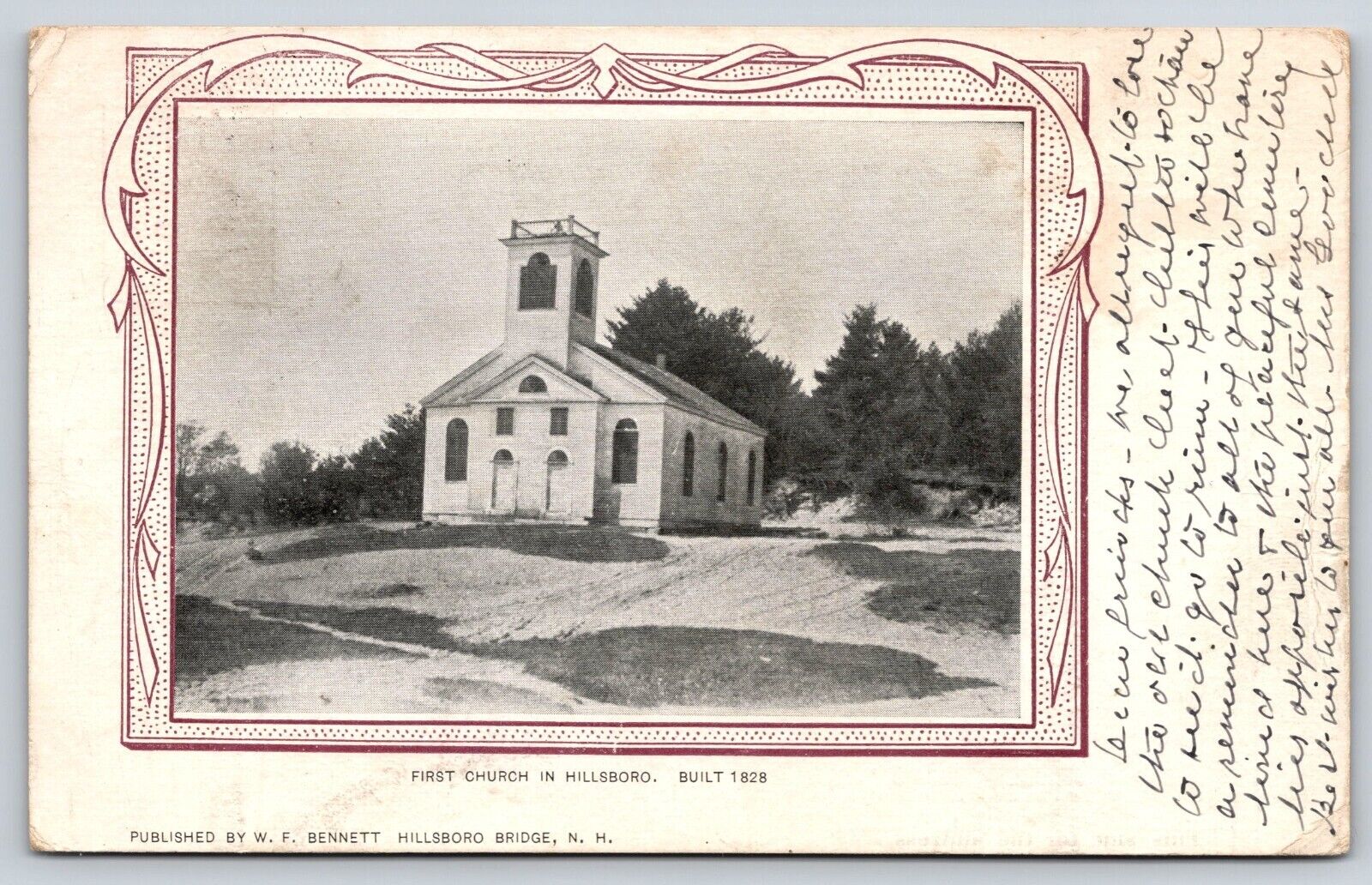 Original Old Vintage Antique Postcard Church Building Hillsboro, New Hampshire
