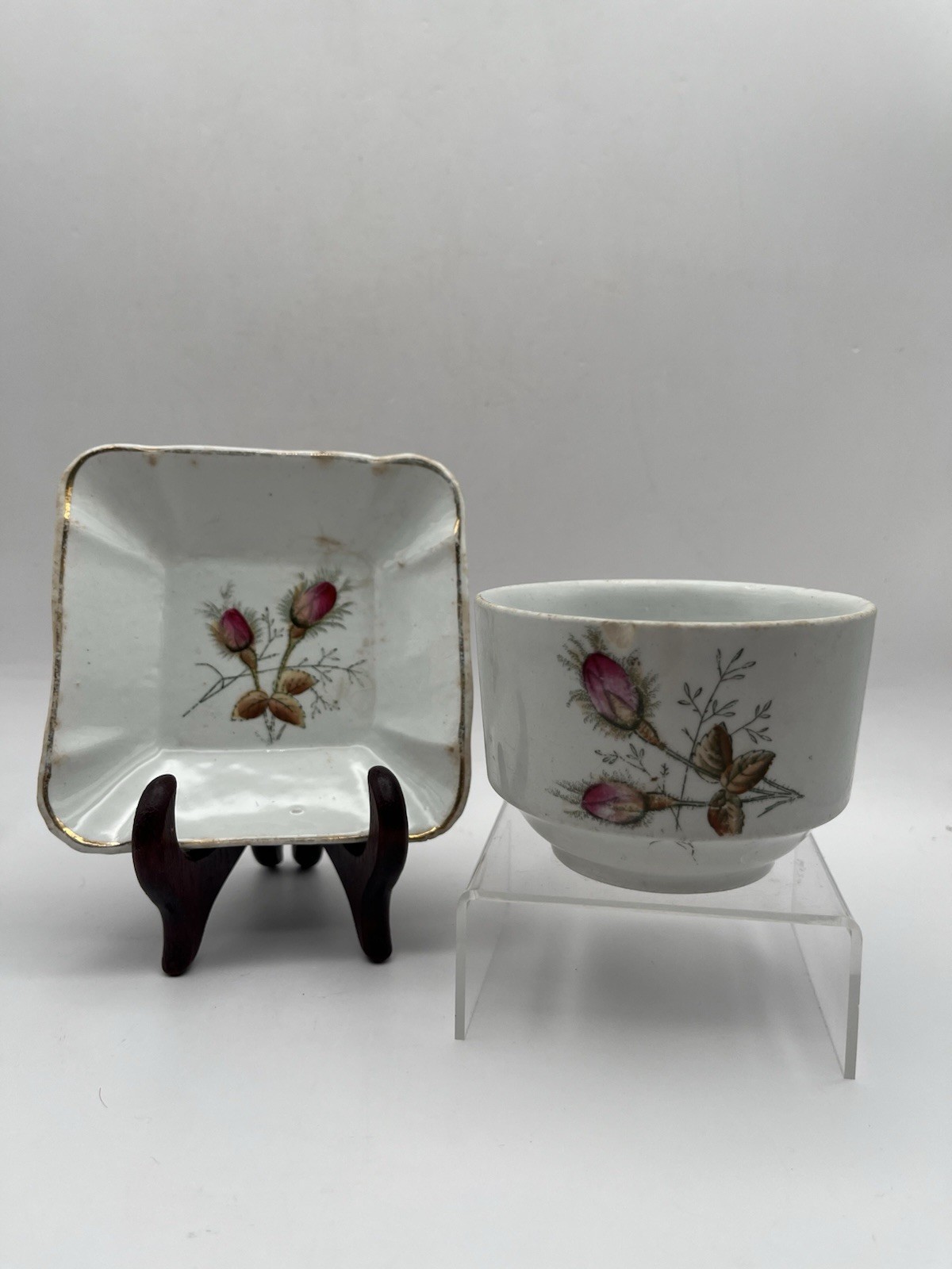 Antique Fenton China Moss Rose Trinket Dish & Tea Cup Vintage Ironstone Set