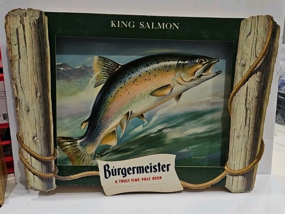 Beautiful Vintage Burgermeister Beer Sign King Salmon Cardboard 3-D Wall Sign