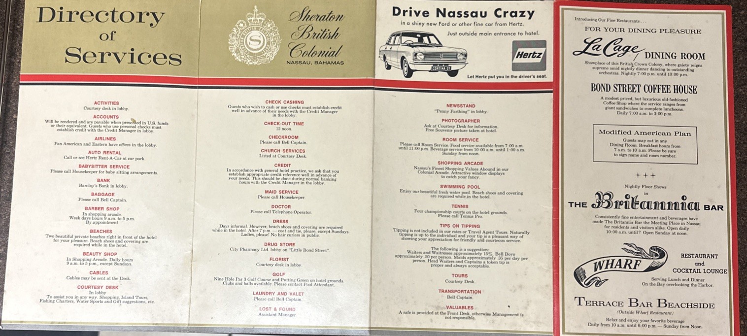 Sheraton British Colonial Nassau Bahamas Mid 1960s Room Hospitality & Menu HTF