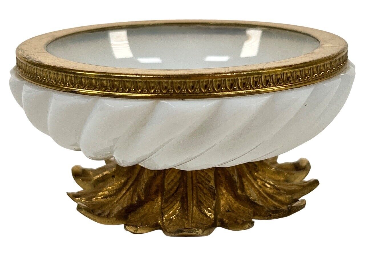 Antique French Opaline White Milk Glass Gilt Bronze Dore Ormolu Footed Bowl Dish