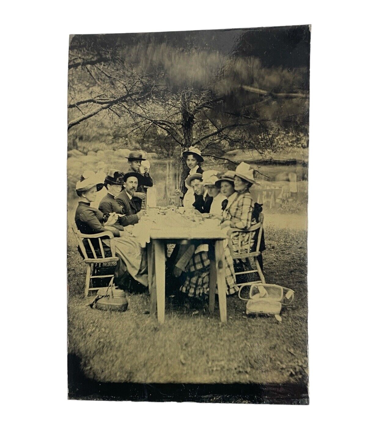 Victorian Picnic Antique Tintype Photo Men Women Outside Basket Lake Hats 2x3\