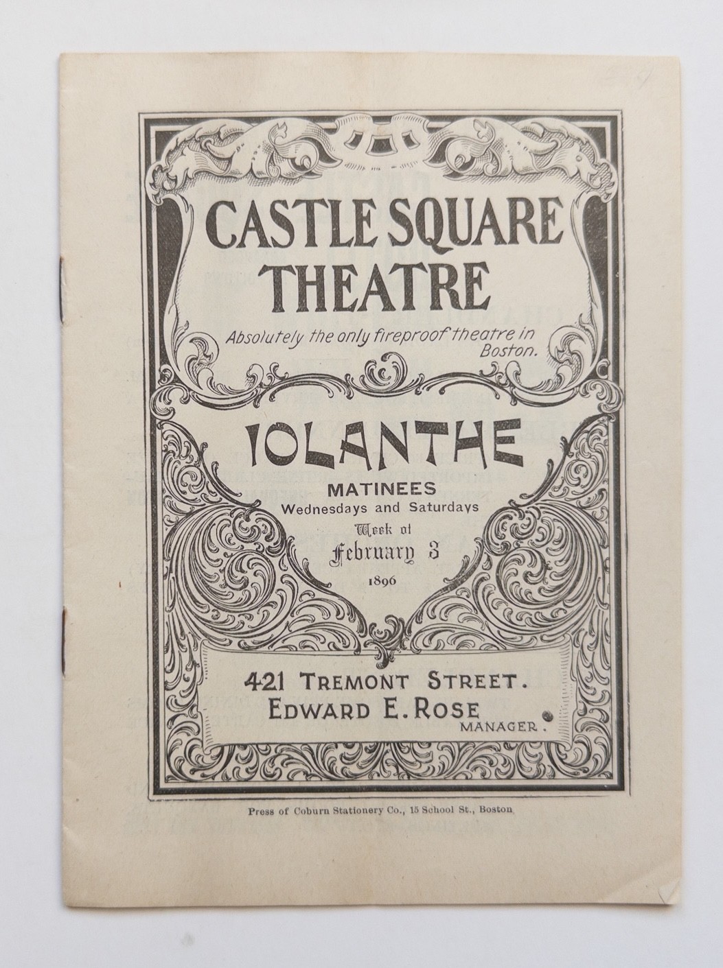 1896 Iolanthe Castle Square Theatre Program Boston Cooking School Cigar Beer Ad