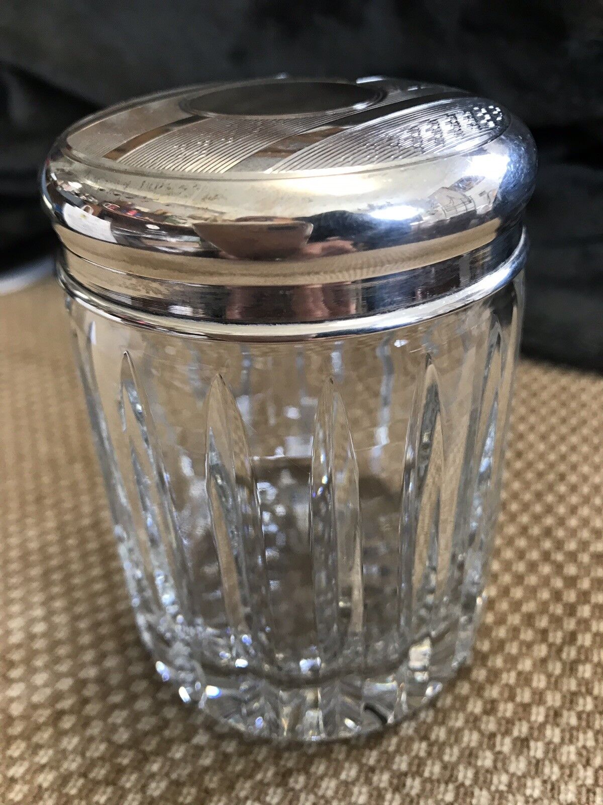 Reduced Antique Birmingham Sterling Top Cut Glass Powder Jar Guided Wash Inside